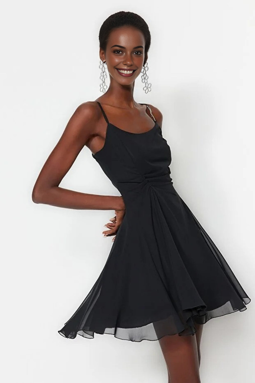A-Line Accessory Detailed Lined Chiffon Short Flowy Evening Dress