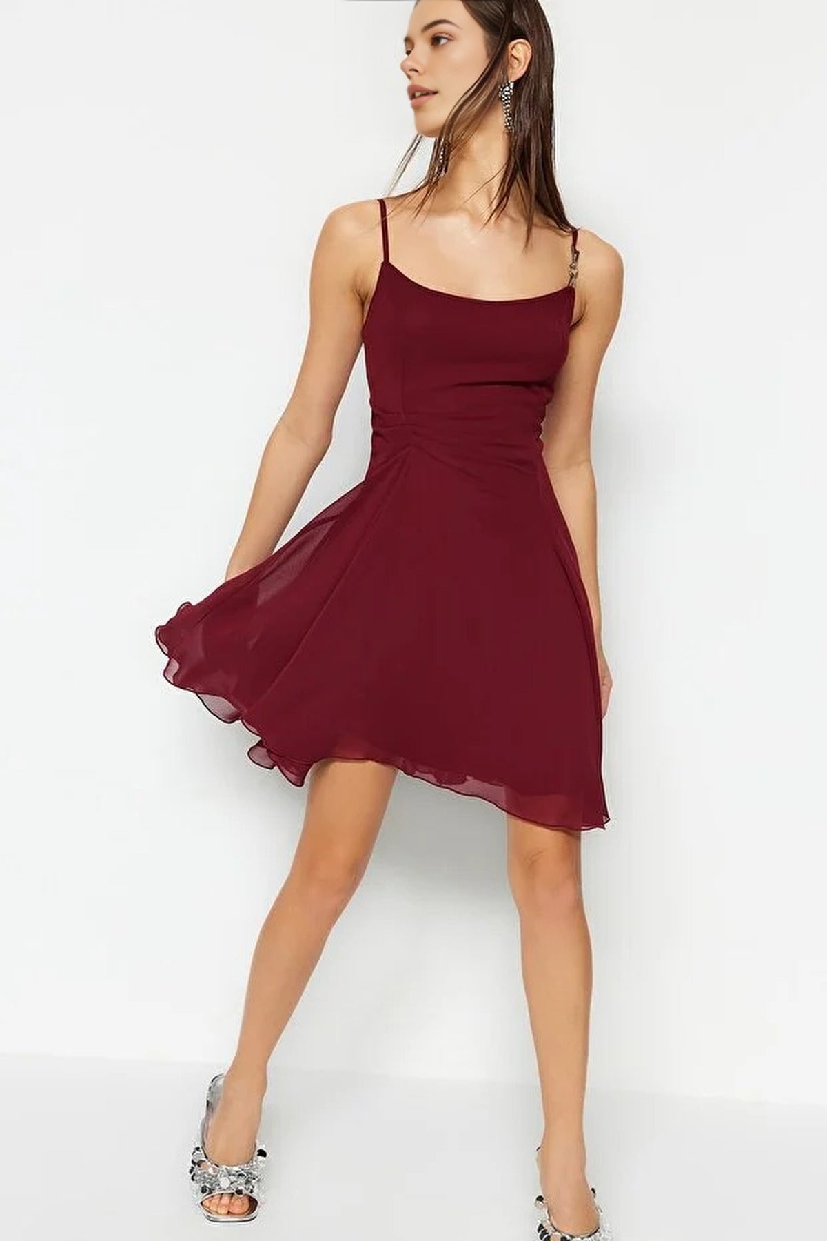 A-Line Accessory Detailed Lined Chiffon Short Flowy Evening Dress