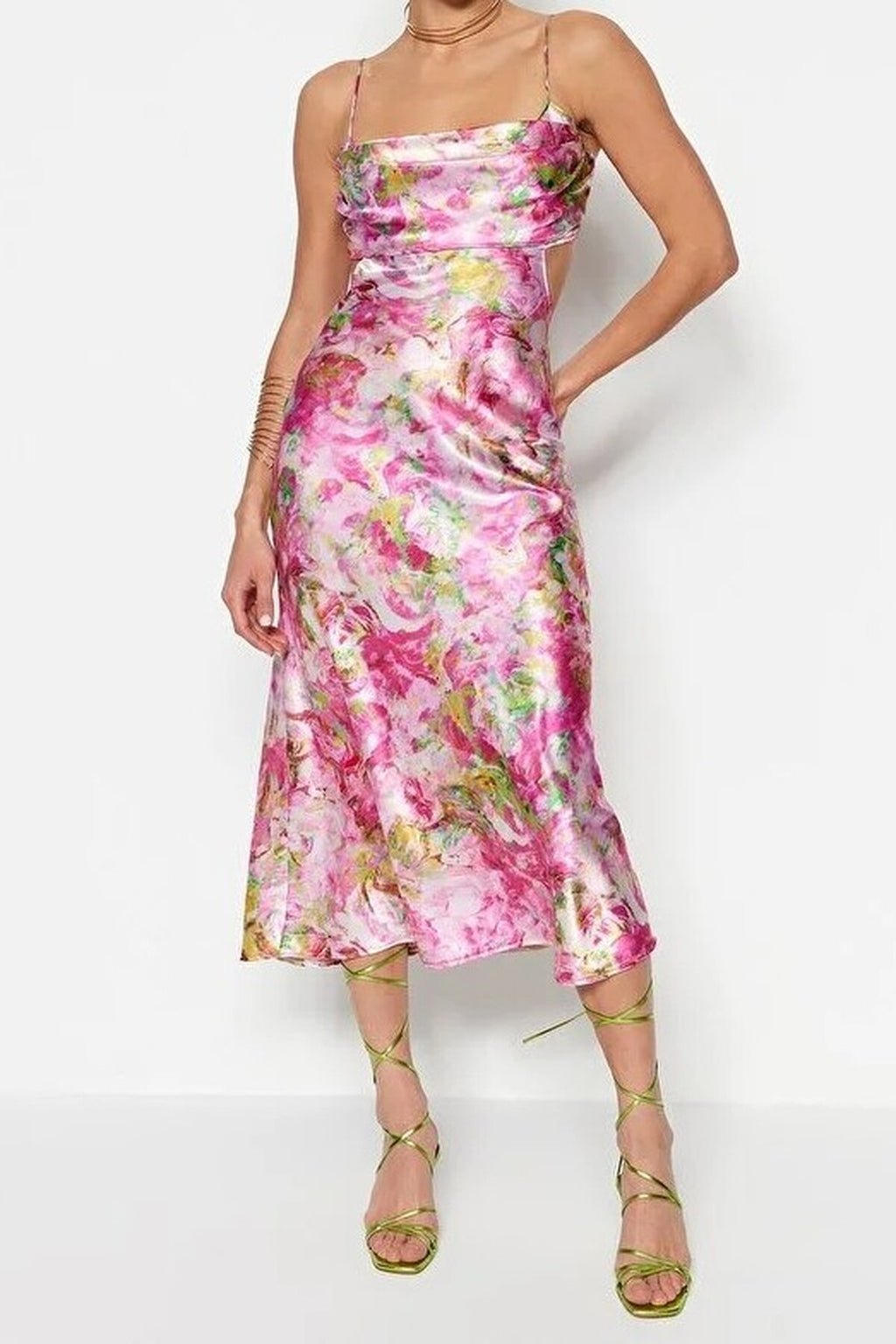 Floral Waist Detail Satin Midi Dress