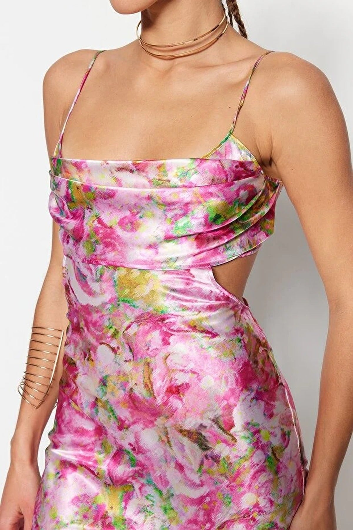 Floral Waist Detail Satin Midi Dress