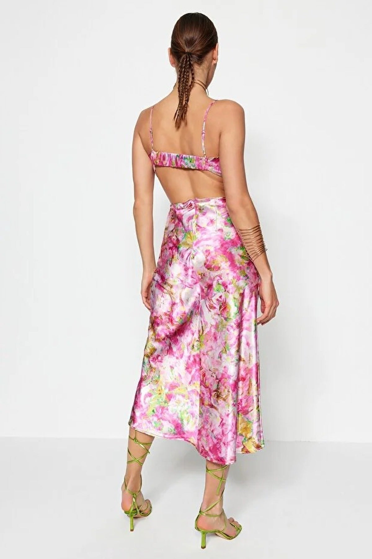 Floral Waist Detail Satin Midi Dress
