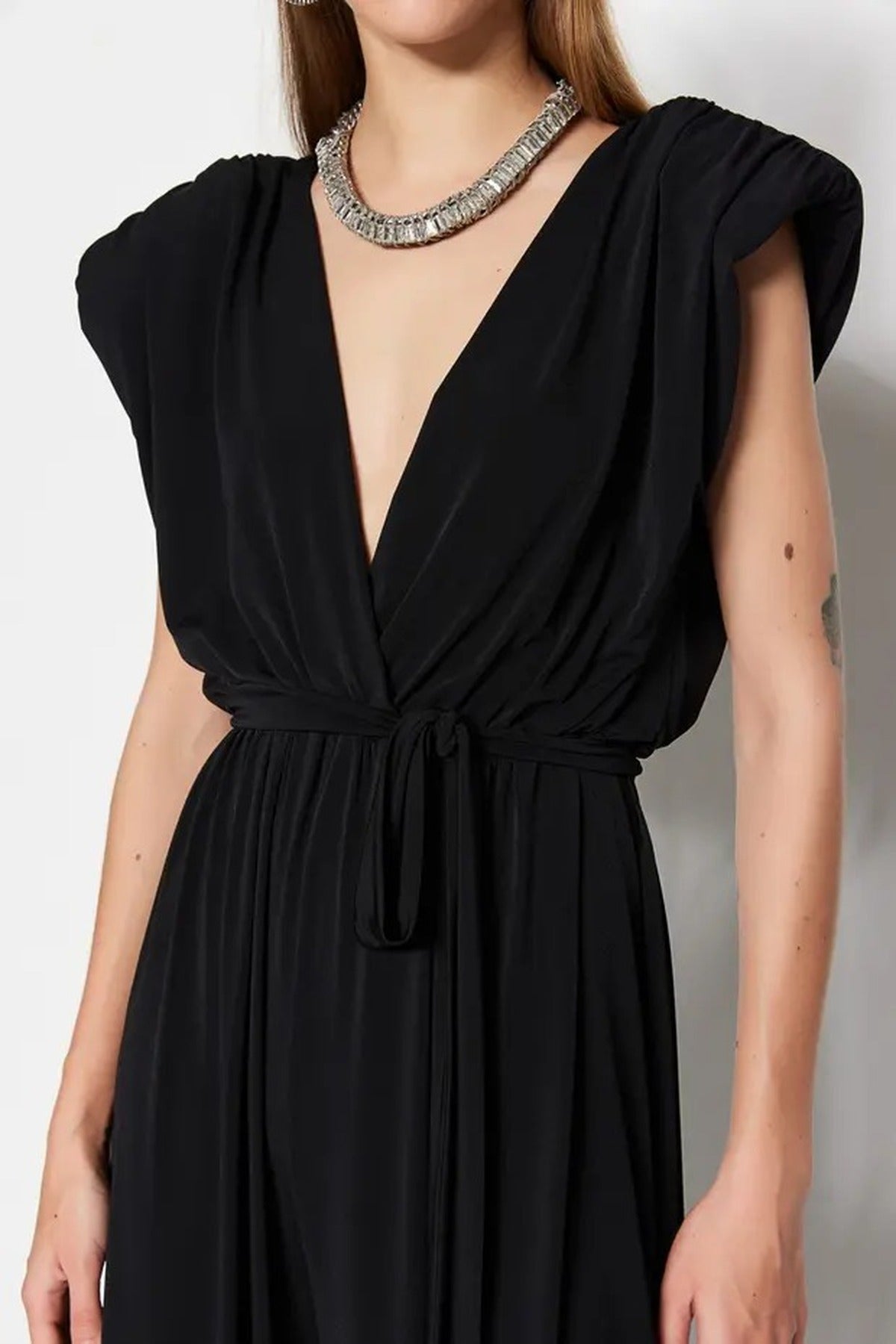 V Neck Belted Knit Jumpsuit