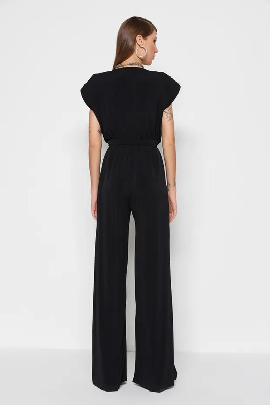 V Neck Belted Knit Jumpsuit