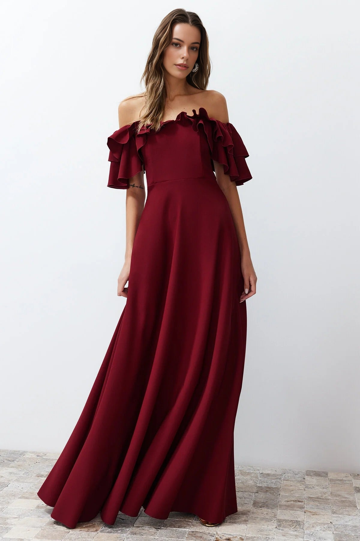 A-Line Ruffled Woven Long Evening Dress