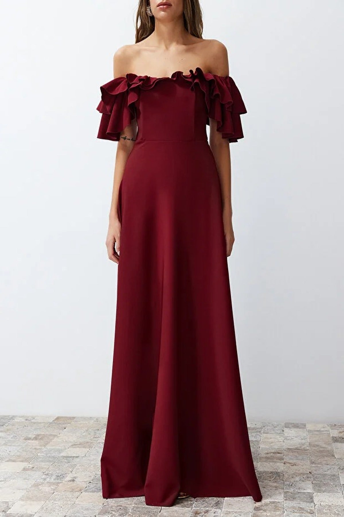A-Line Ruffled Woven Long Evening Dress