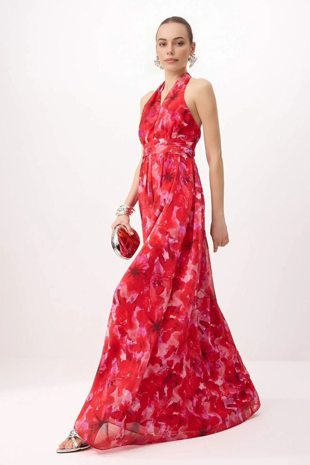 A-Line Floral Pattern V-Neck Woven Long Dress