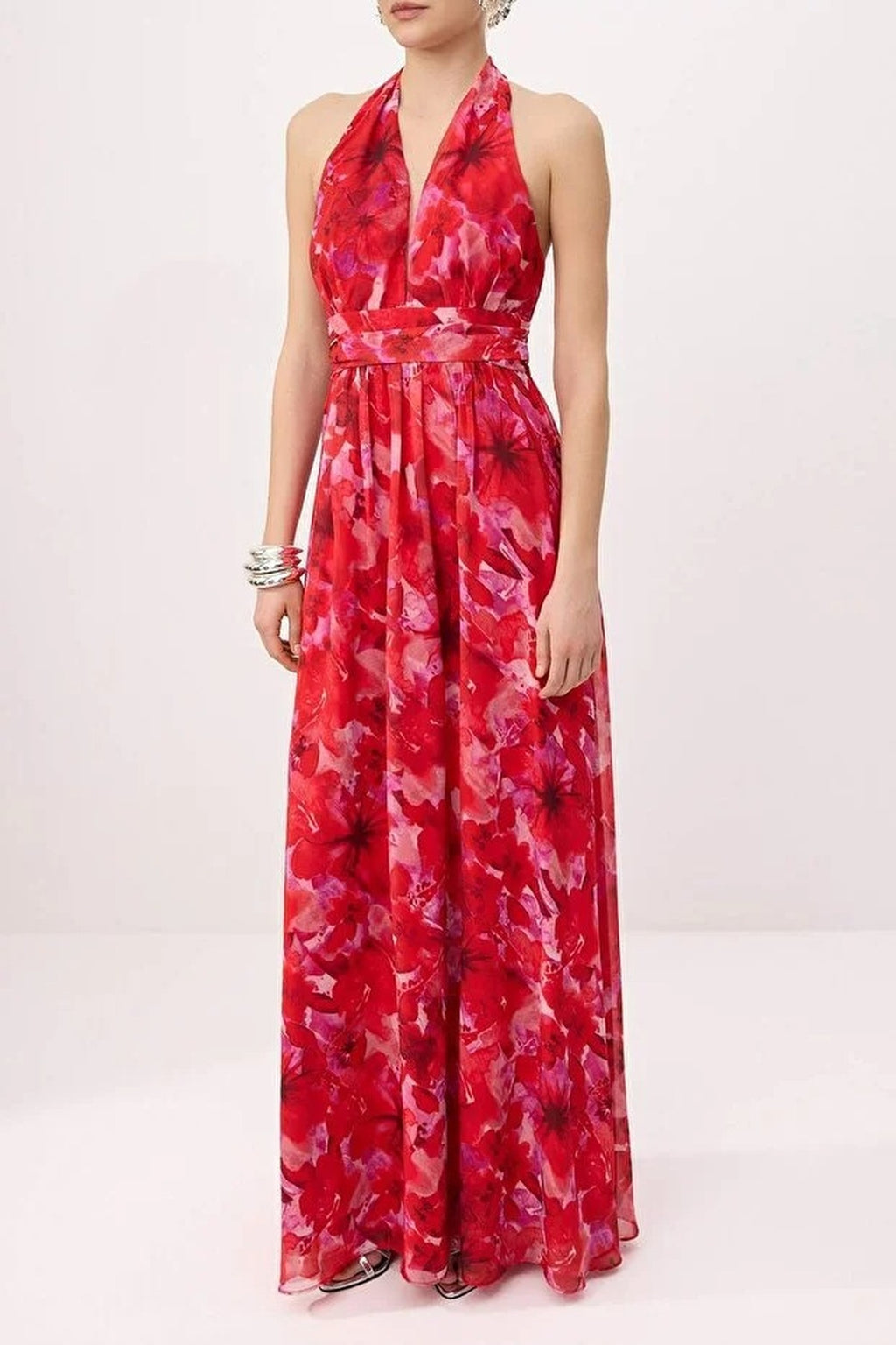 A-Line Floral Pattern V-Neck Woven Long Dress