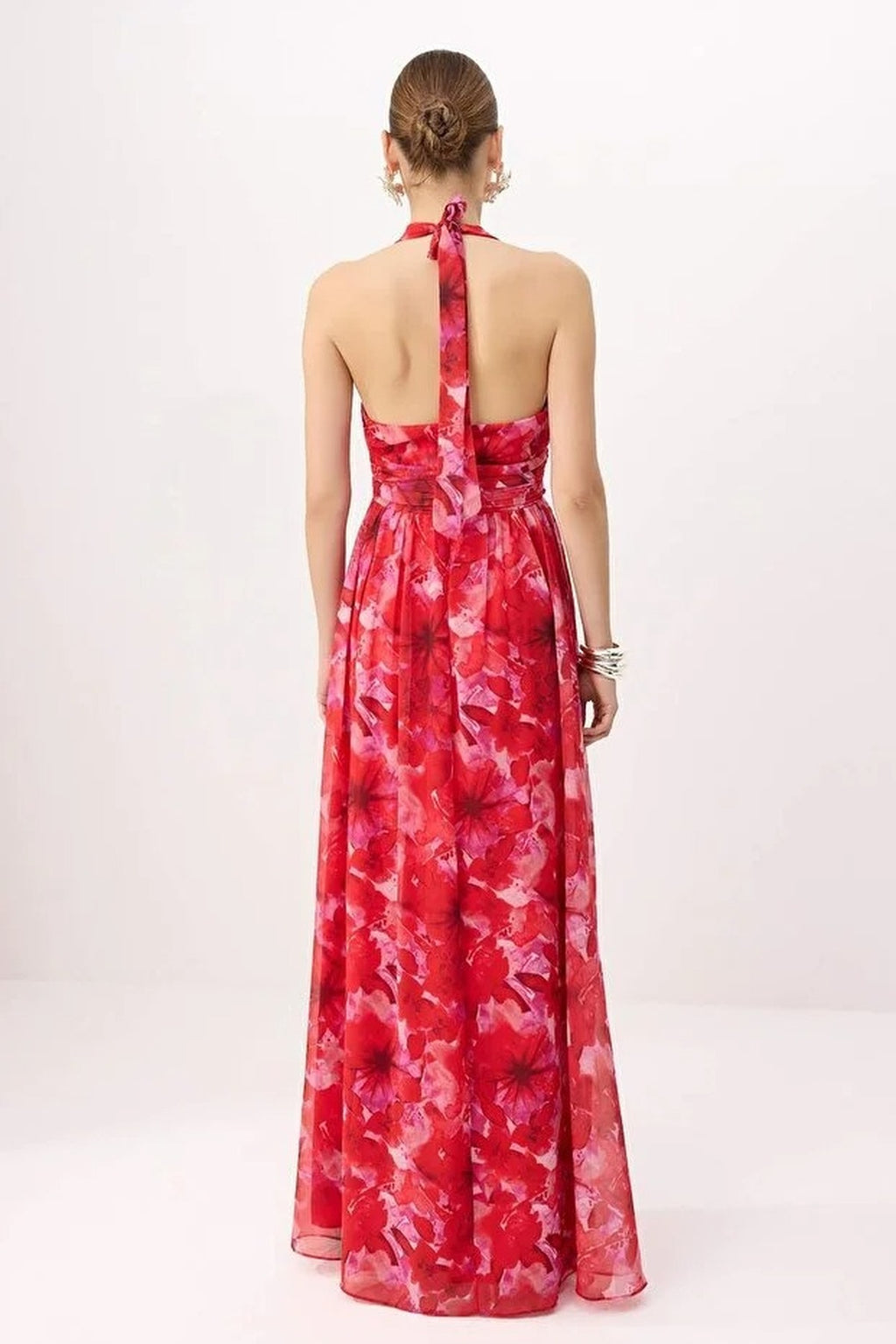 A-Line Floral Pattern V-Neck Woven Long Dress