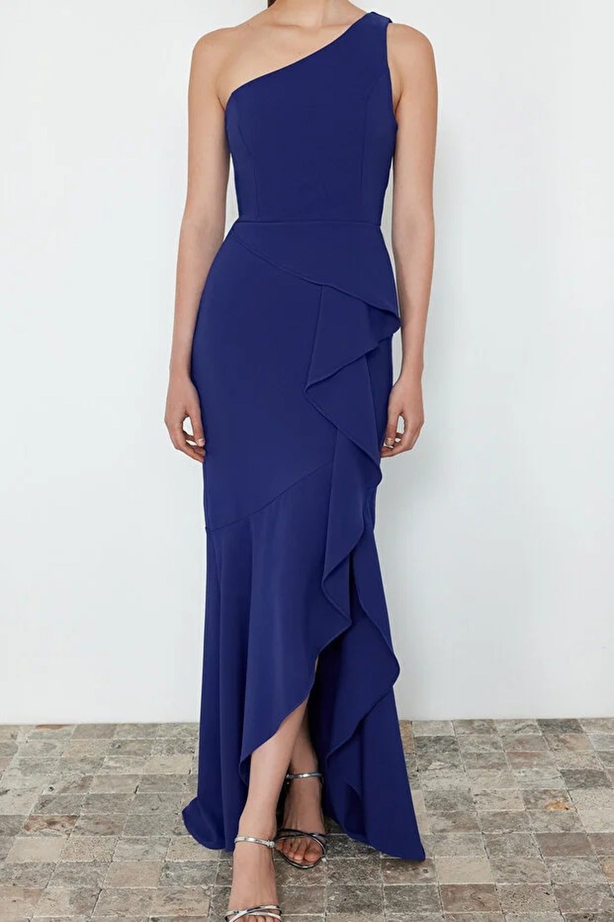 Ruffled One-Sleeve Woven Long Evening Dress
