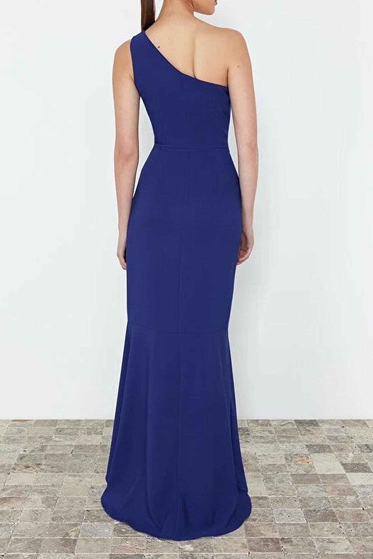 Ruffled One-Sleeve Woven Long Evening Dress
