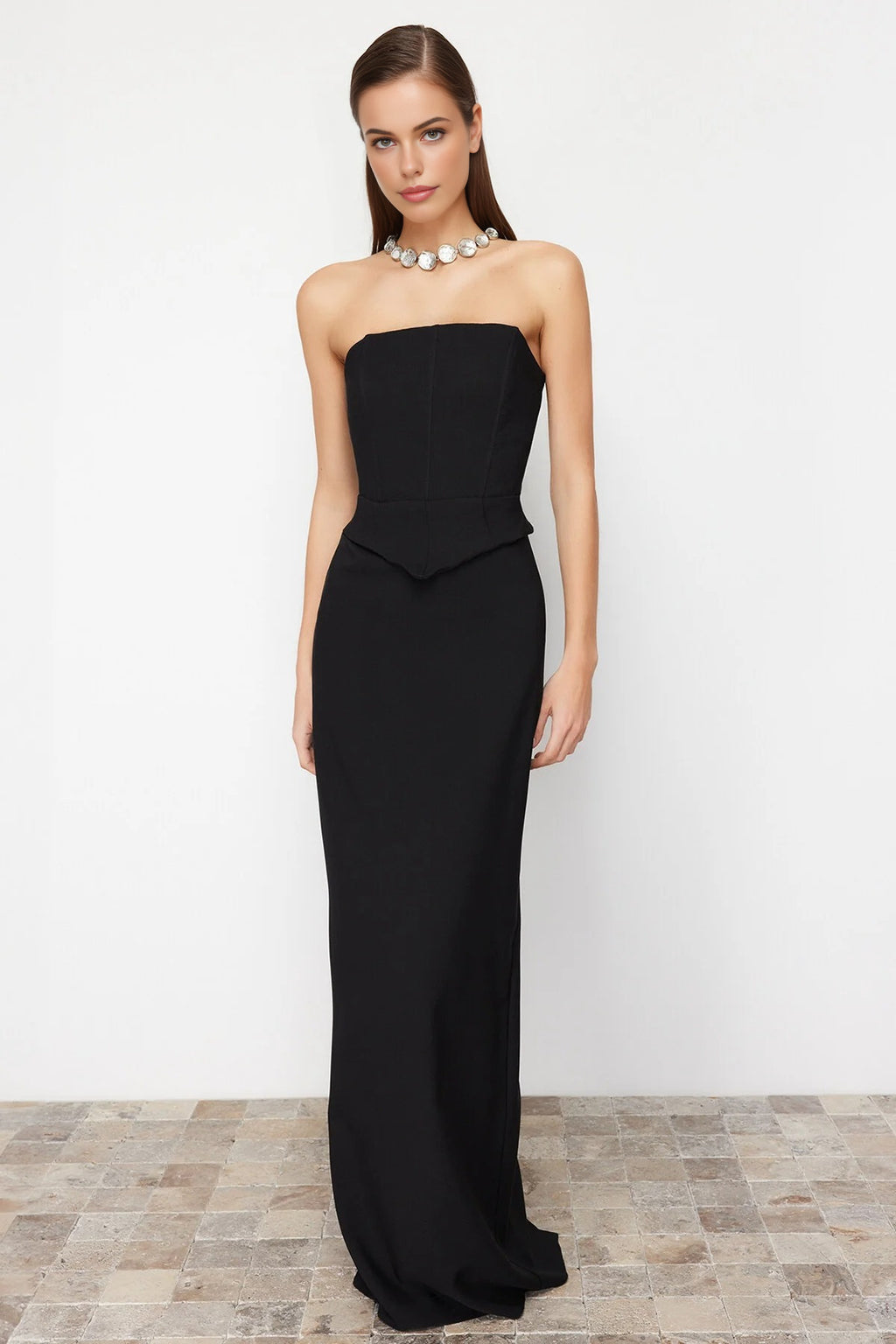 Corset Detail Woven Long Evening Dress