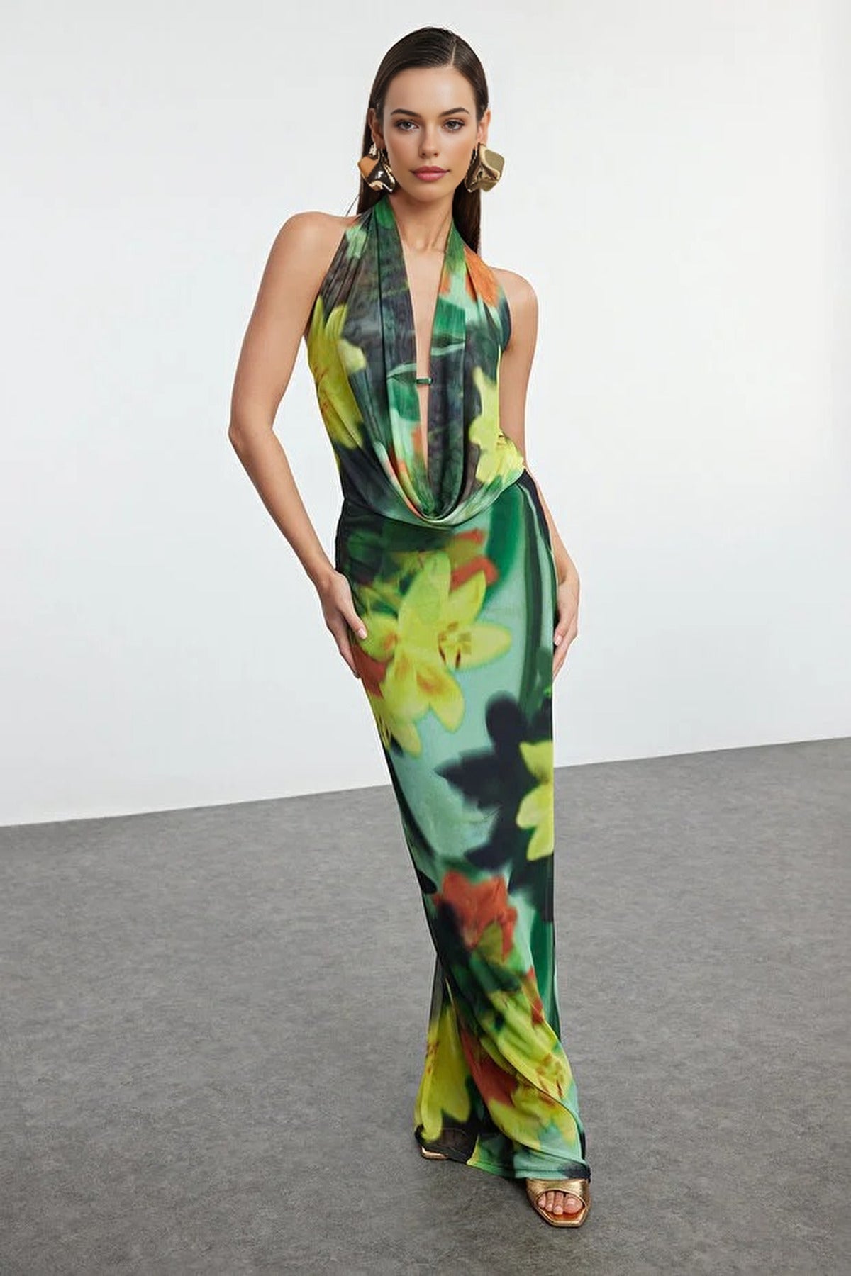 Patterned Knitted Tulle Long Evening Dress