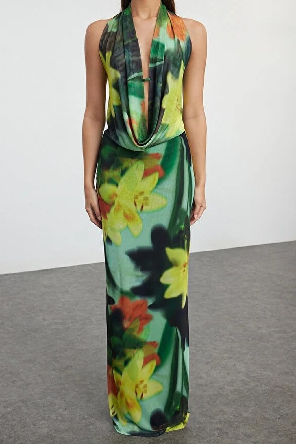 Patterned Knitted Tulle Long Evening Dress