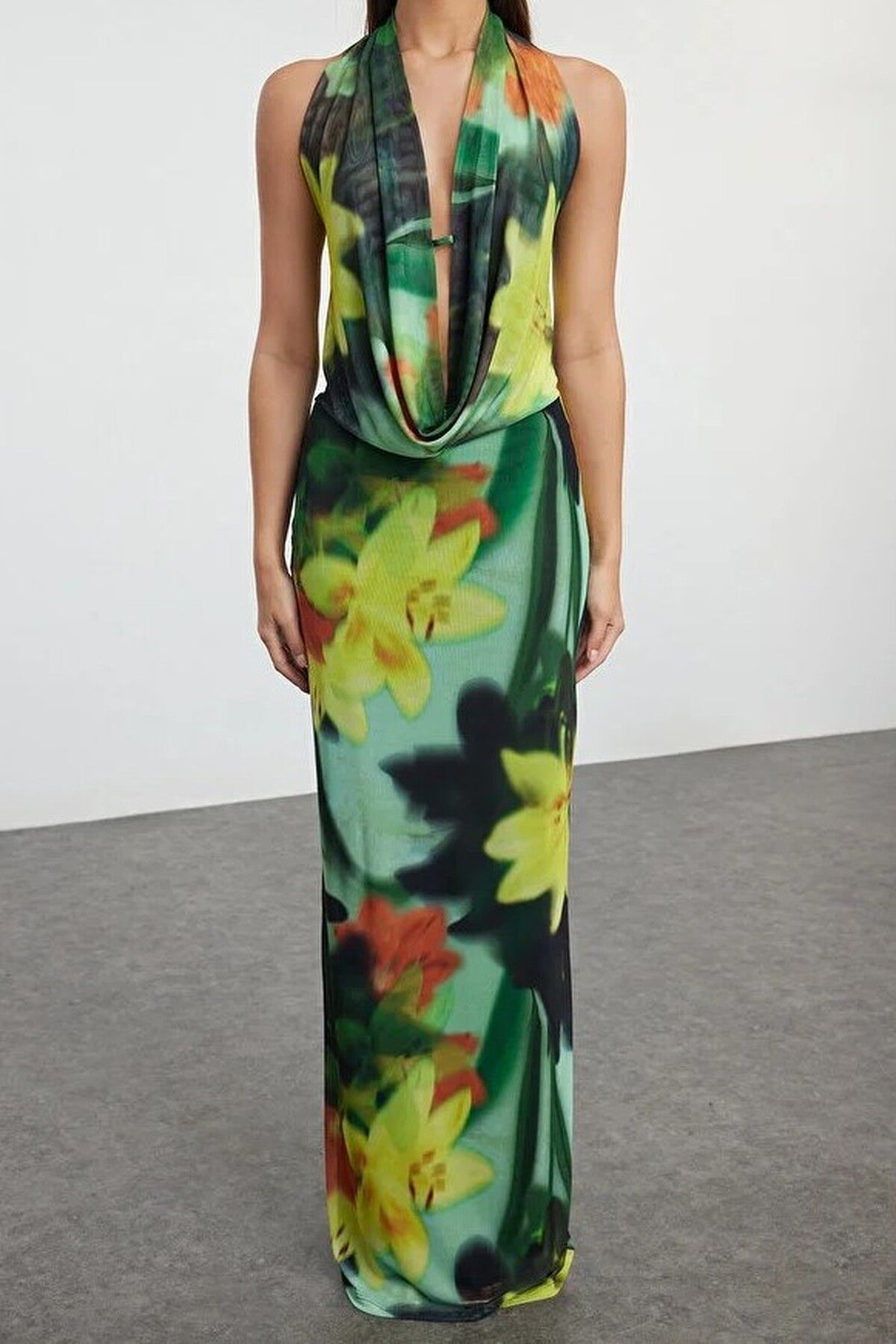 Patterned Knitted Tulle Long Evening Dress