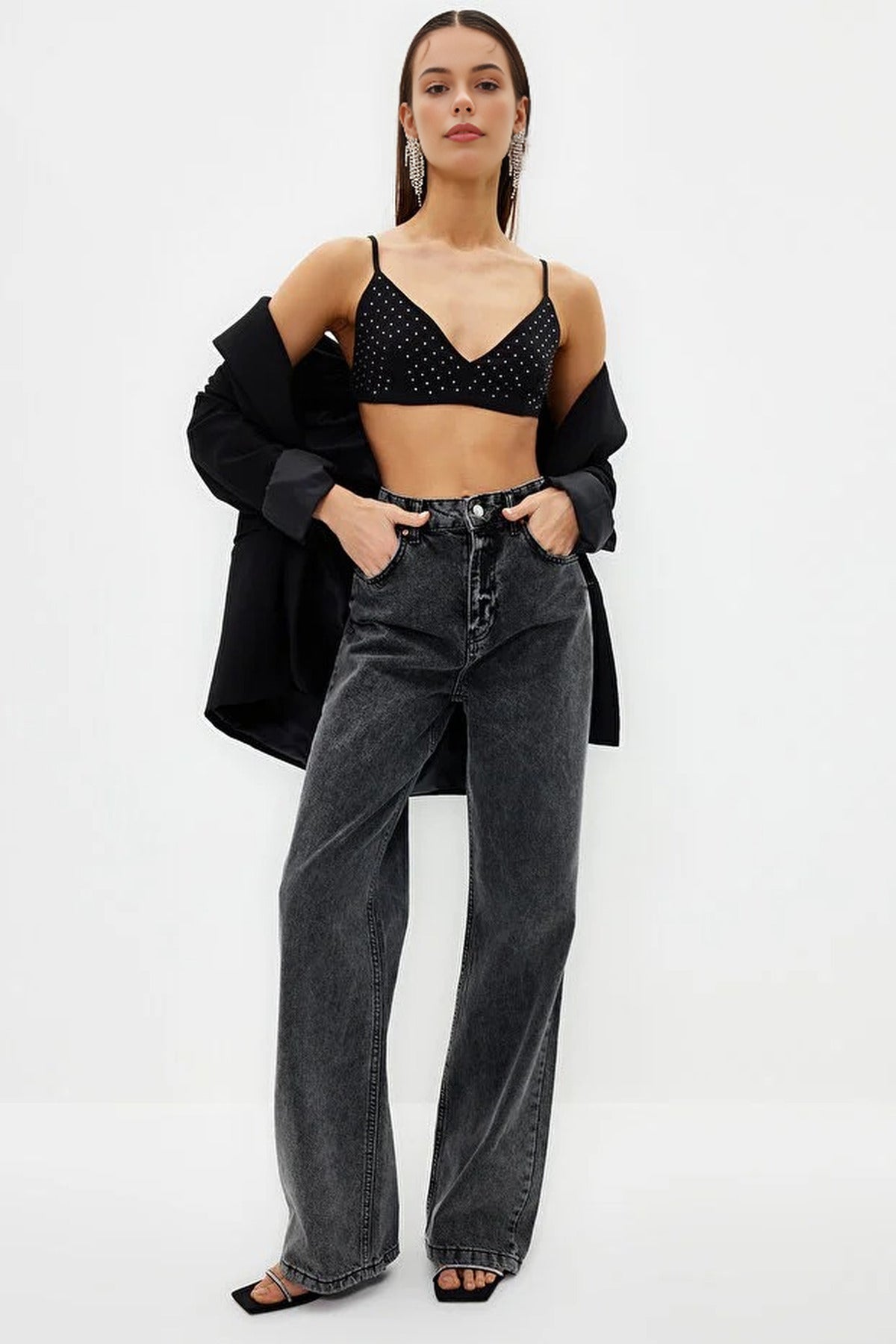 Crop Shiny Stone Embellished Woven Bustier
