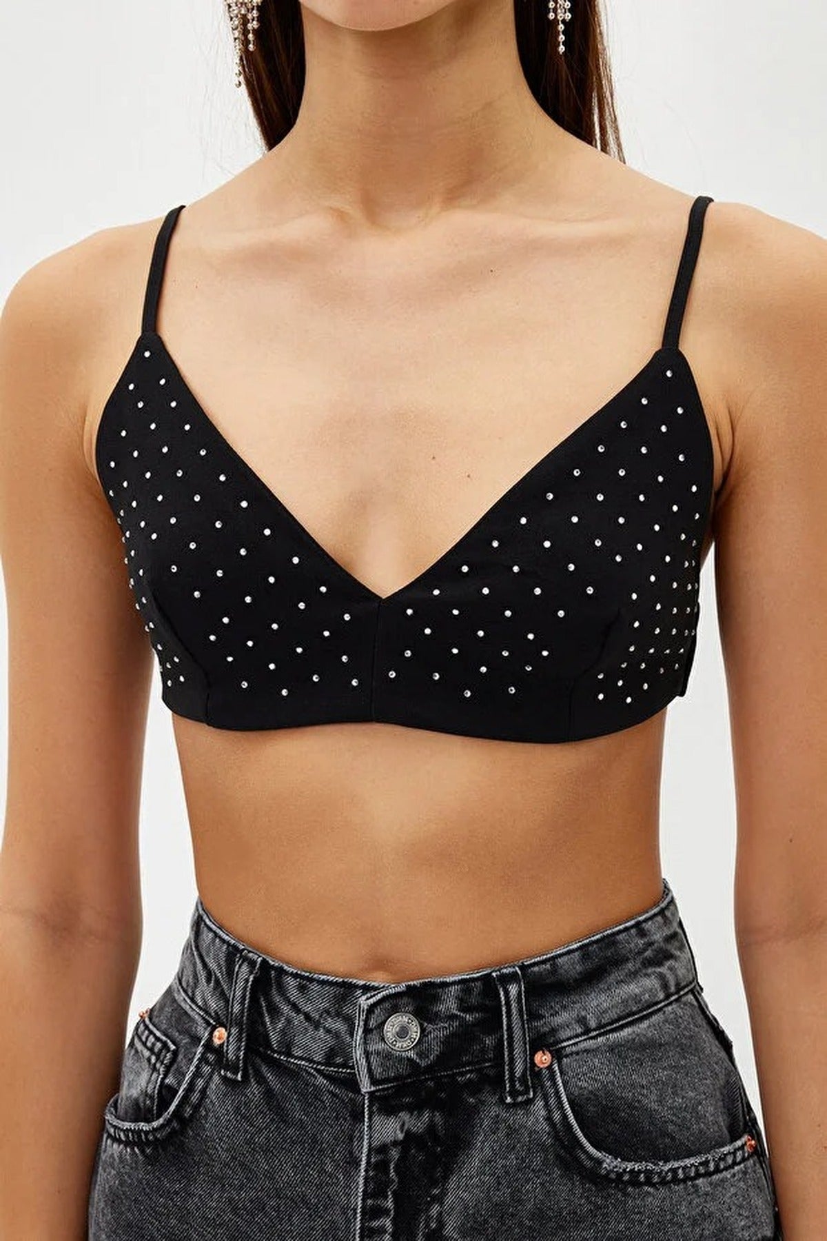 Crop Shiny Stone Embellished Woven Bustier