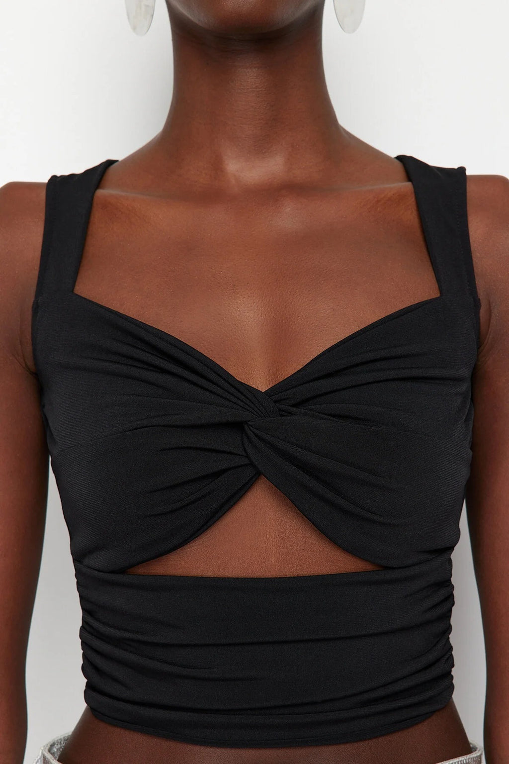 Heart Neck Sleeveless Cut Out Detail Fitted Crop Blouse