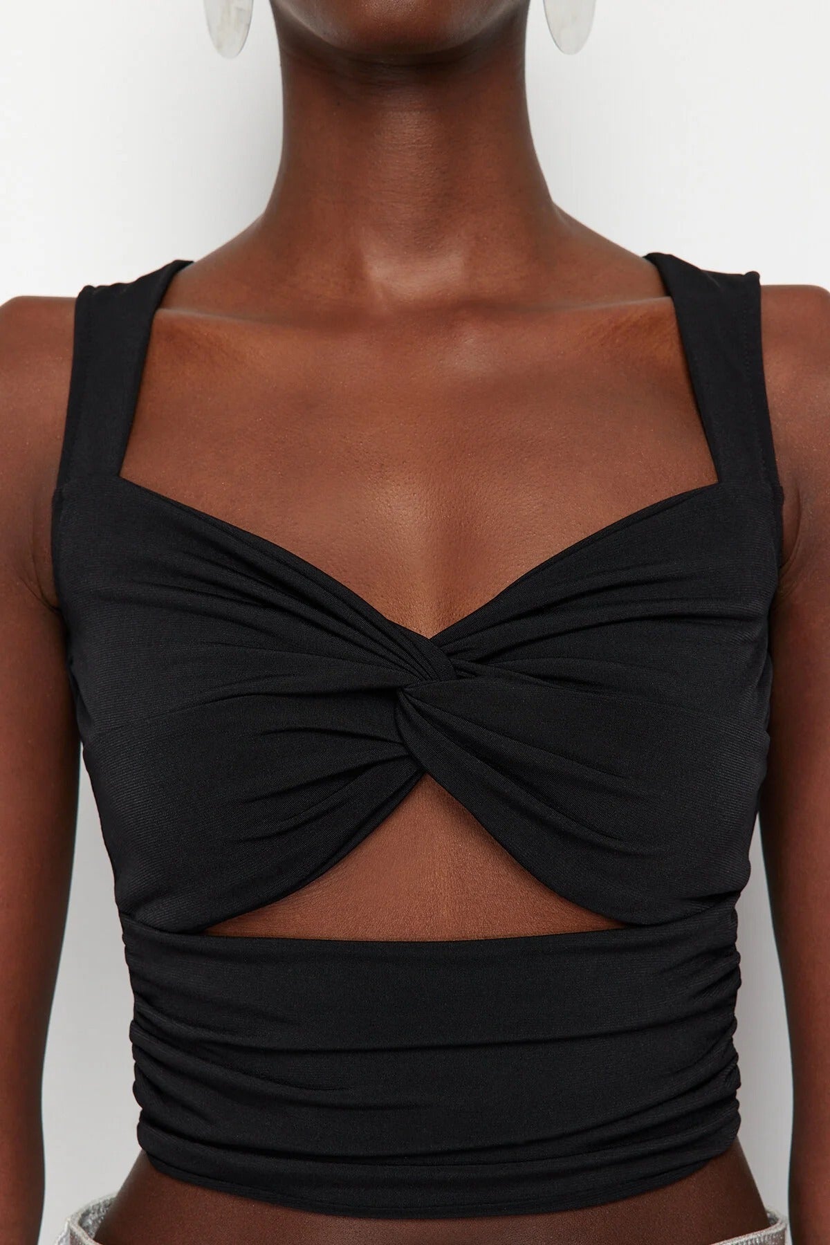 Heart Neck Sleeveless Cut Out Detail Fitted Crop Blouse