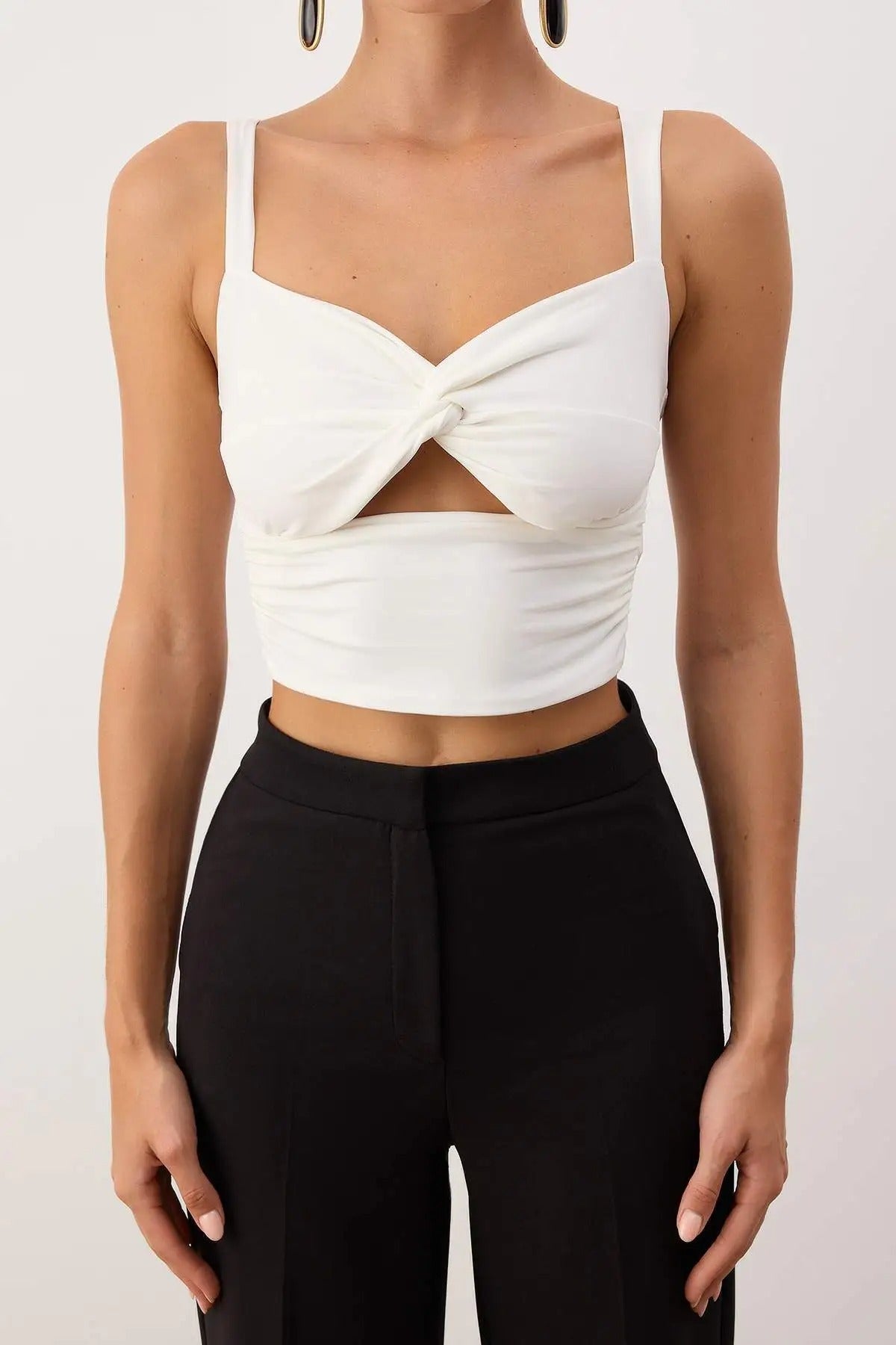 Heart Neck Sleeveless Cut Out Detail Fitted Crop Blouse