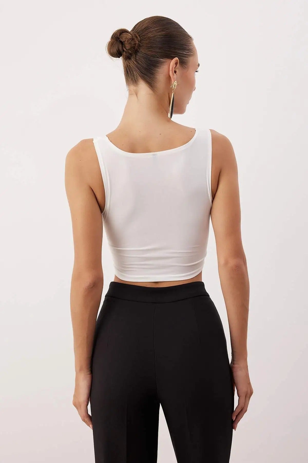 Heart Neck Sleeveless Cut Out Detail Fitted Crop Blouse