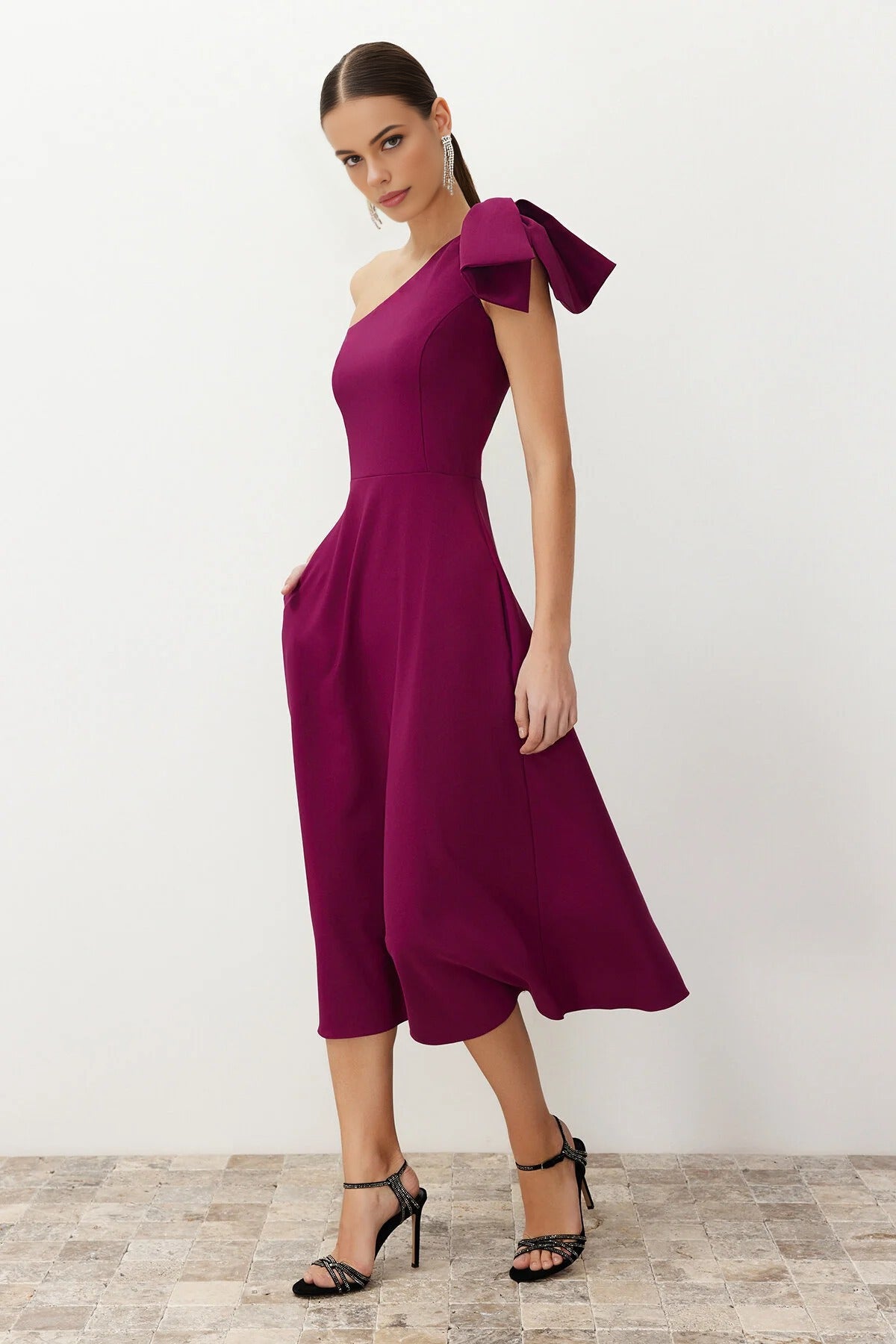 A-Line Elegant Woven Evening Dress with Bow Detail