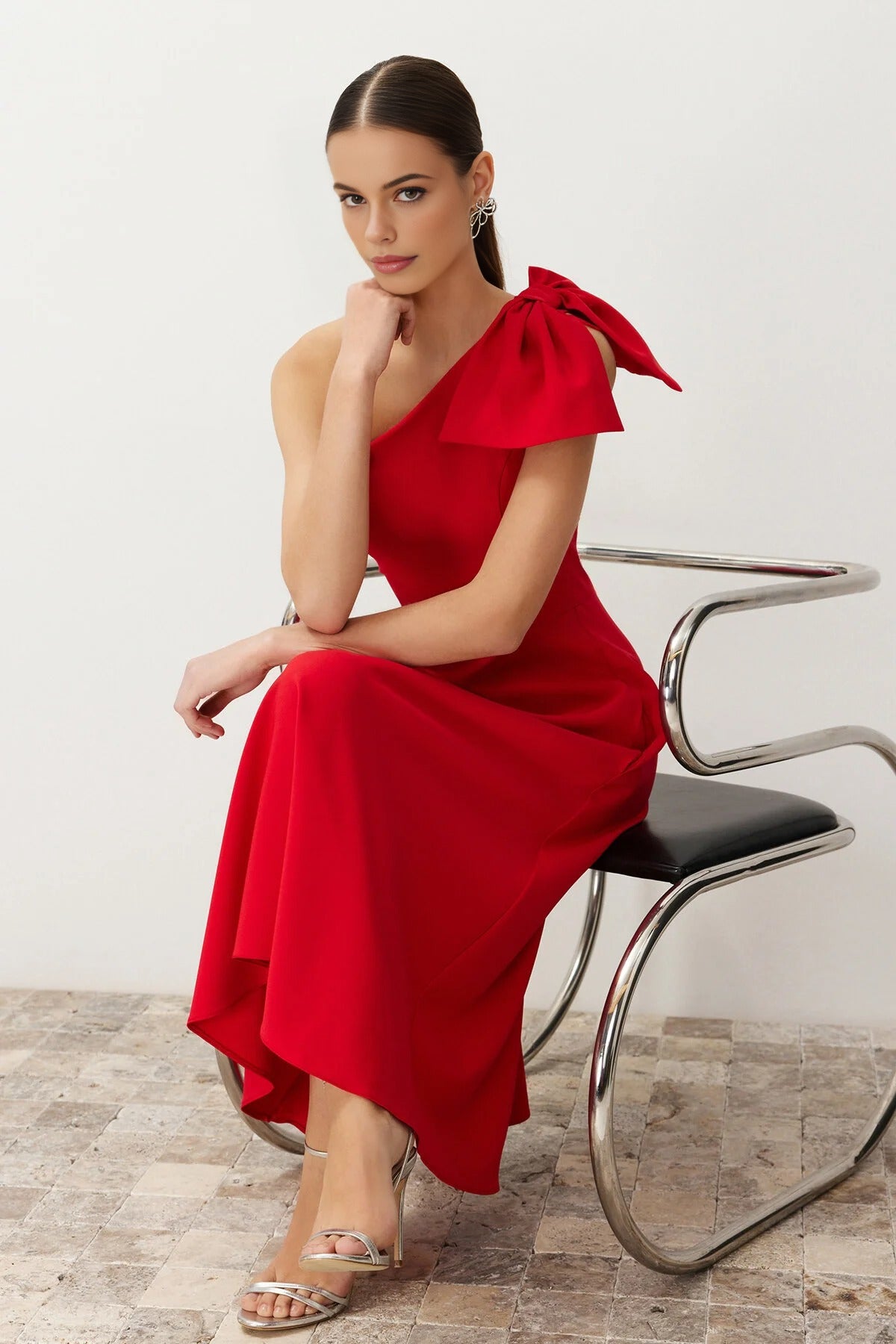 A-Line Elegant Woven Evening Dress with Bow Detail