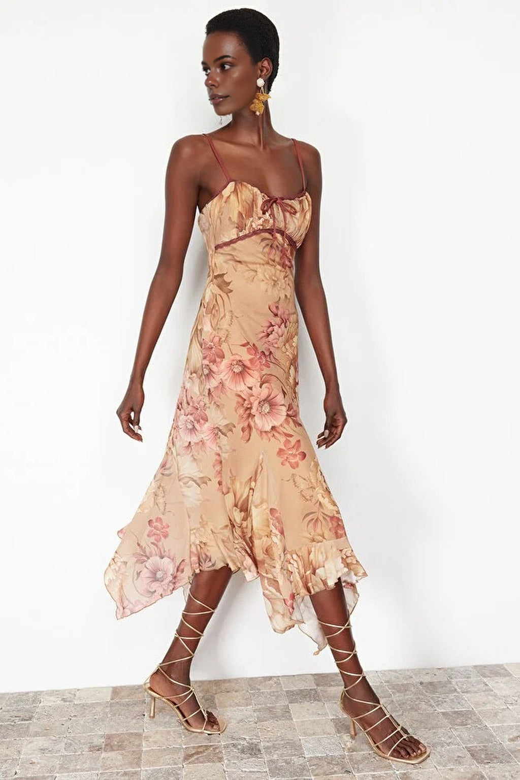 A-Line Floral Patterned Ruffled Knitted Tulle Dress
