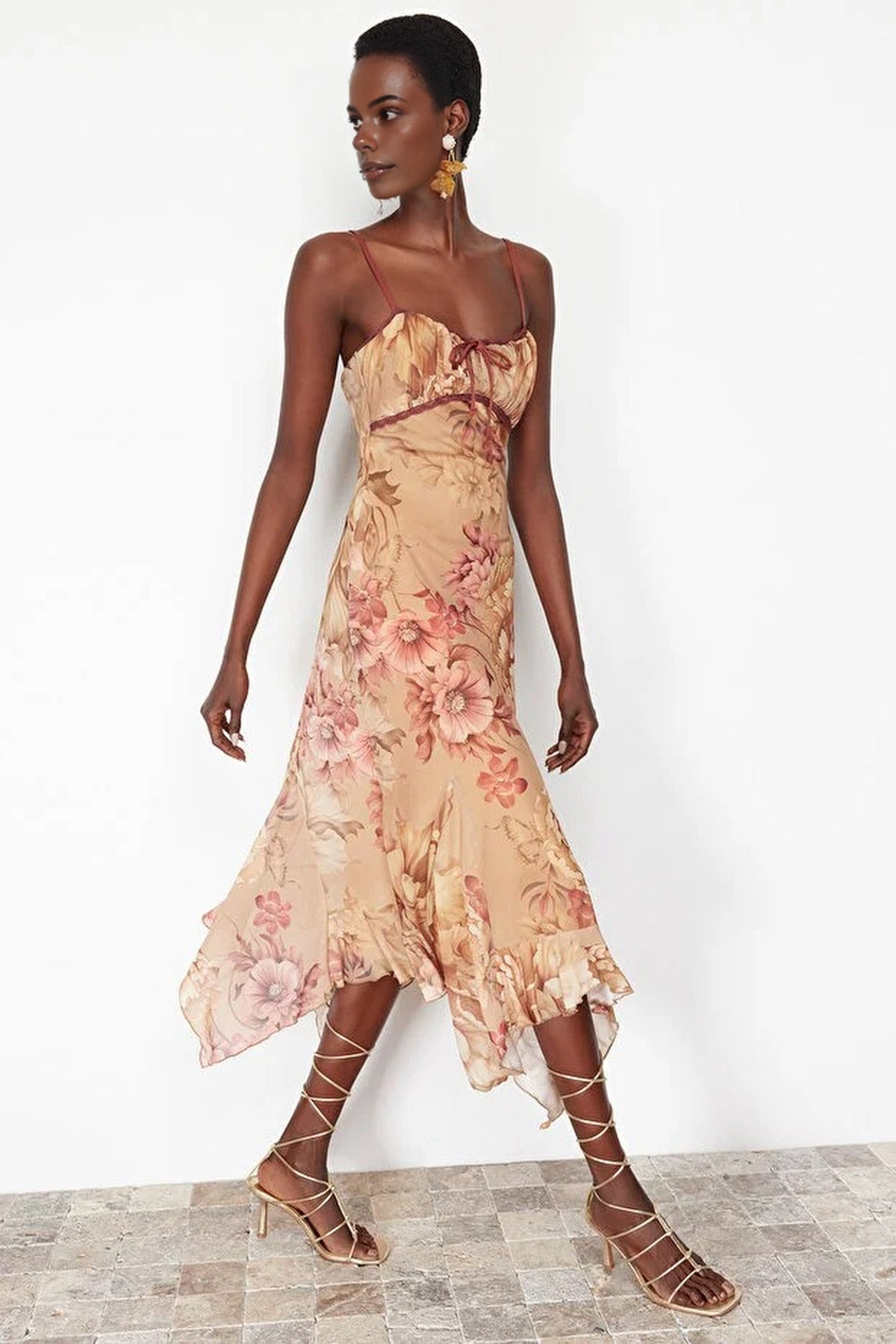 A-Line Floral Patterned Ruffled Knitted Tulle Dress