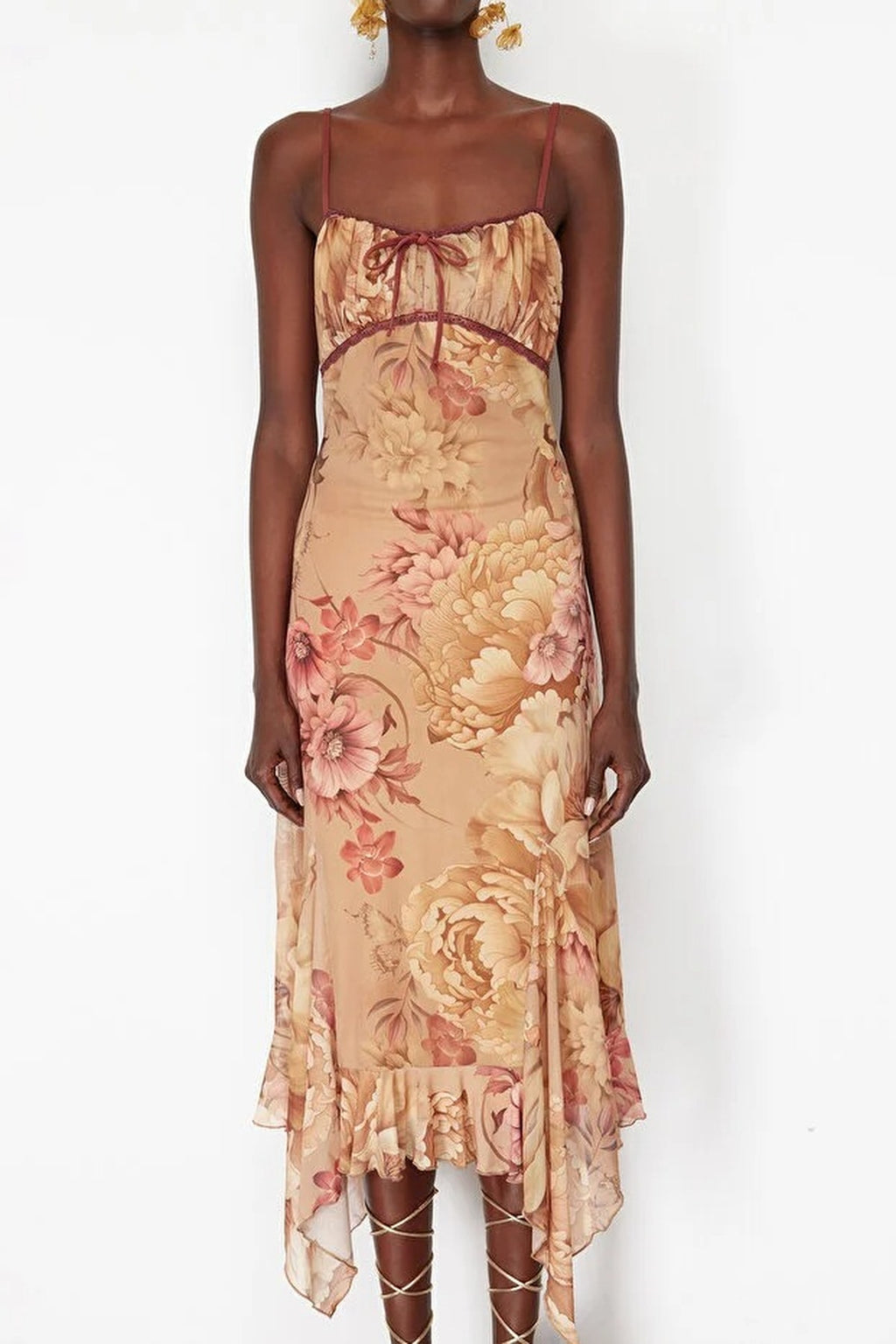 A-Line Floral Patterned Ruffled Knitted Tulle Dress
