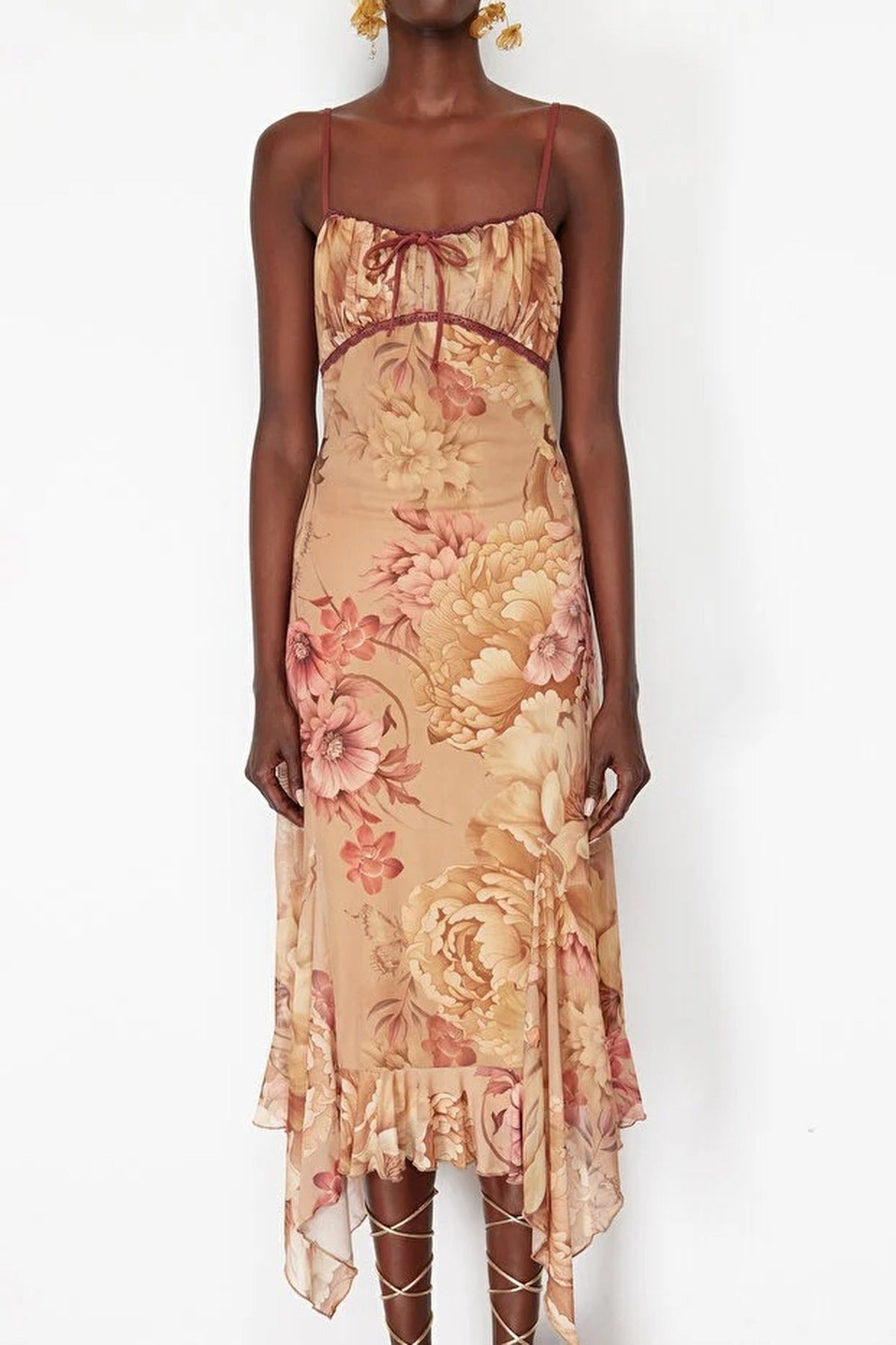 A-Line Floral Patterned Ruffled Knitted Tulle Dress