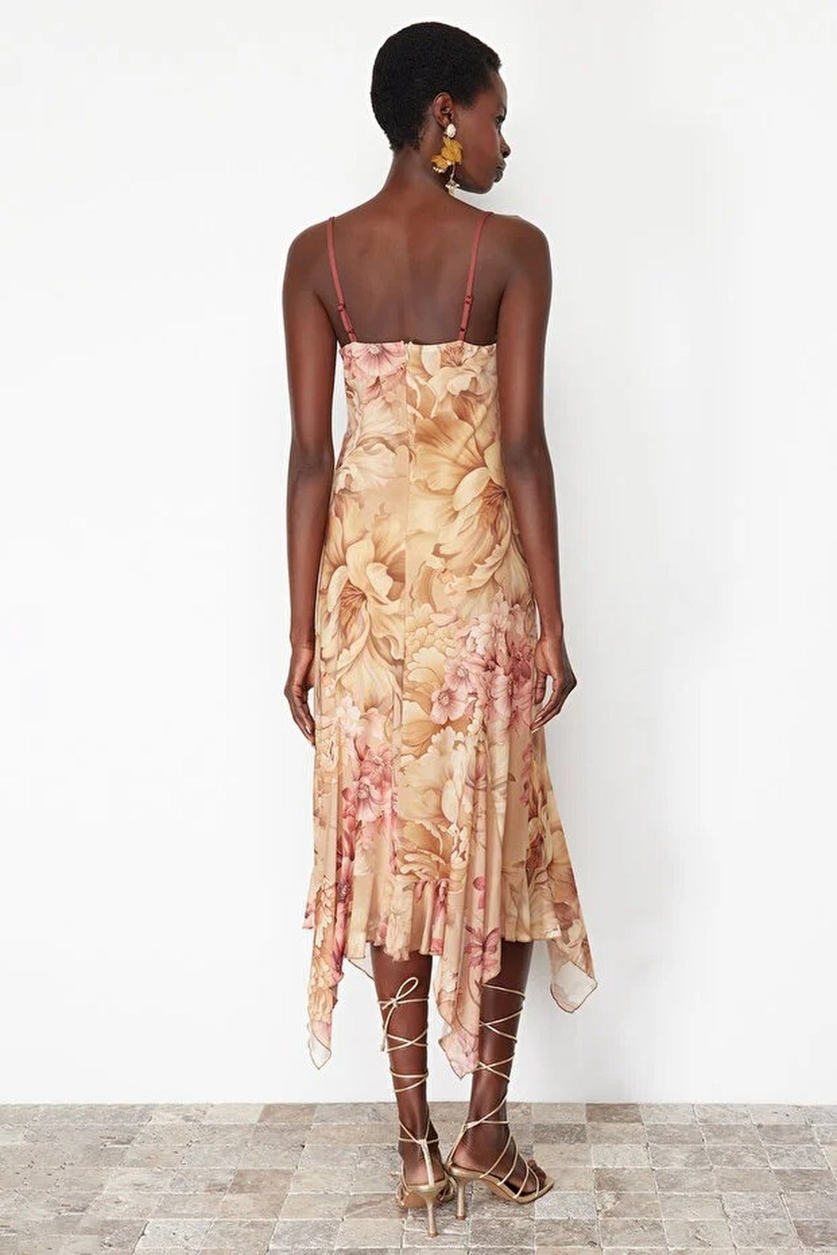 A-Line Floral Patterned Ruffled Knitted Tulle Dress