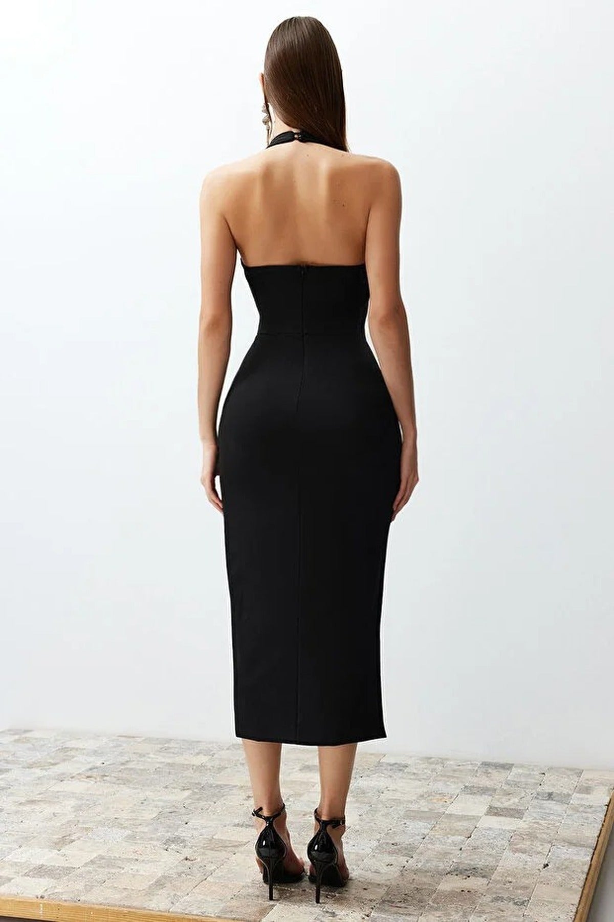 Body-Fitting Midi Woven Dress with Slit Detail