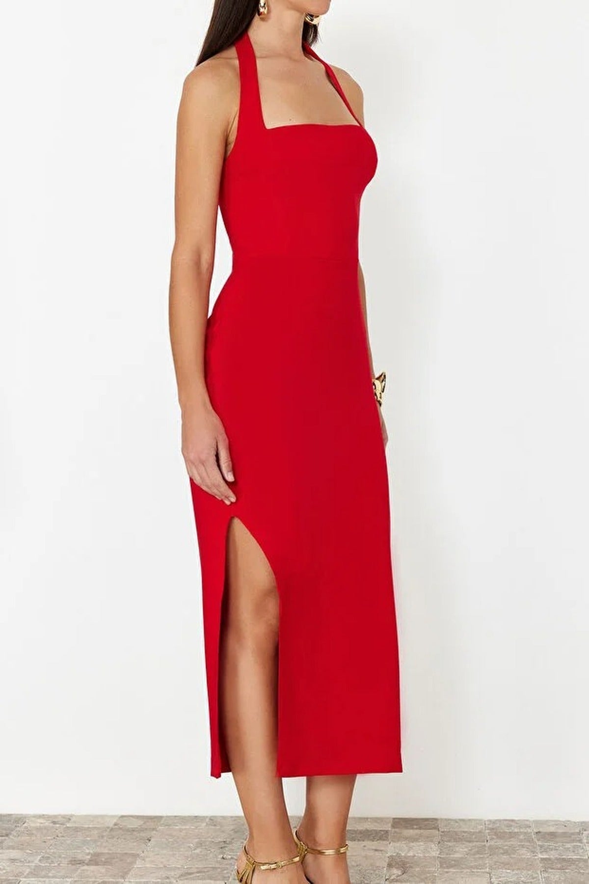 Body-Fitting Midi Woven Dress with Slit Detail