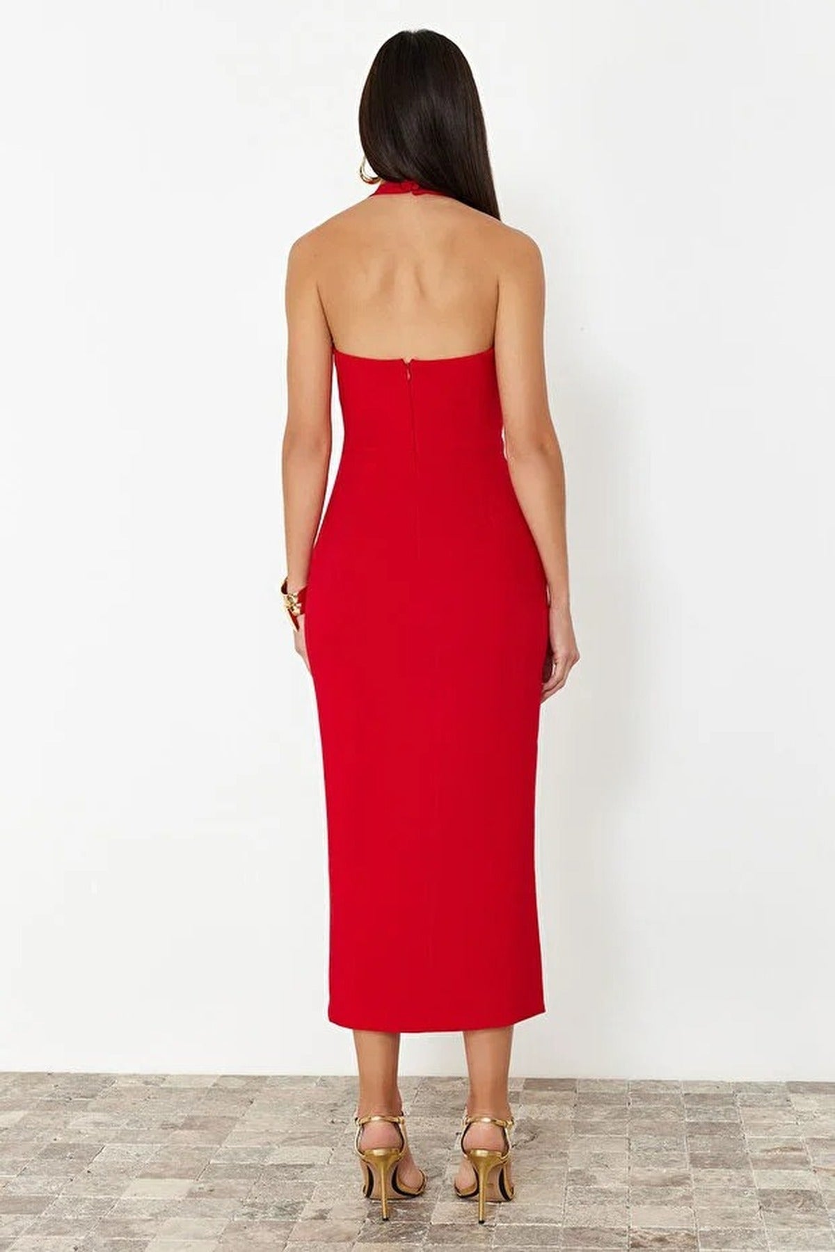 Body-Fitting Midi Woven Dress with Slit Detail