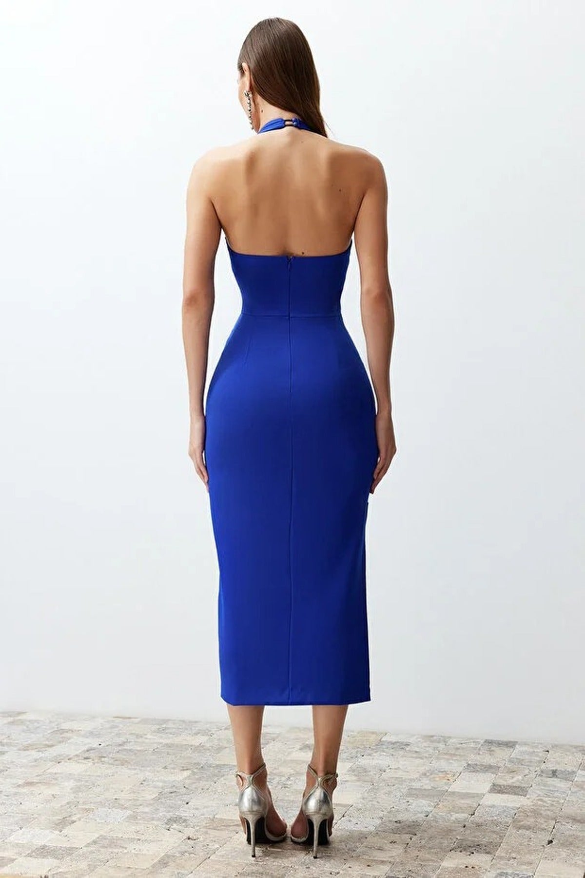 Body-Fitting Midi Woven Dress with Slit Detail