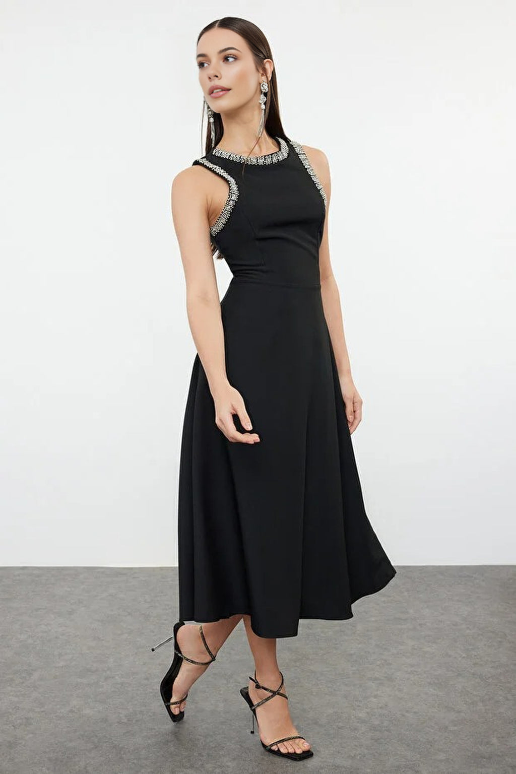 A-Line Woven Dress with Stone Embellishments