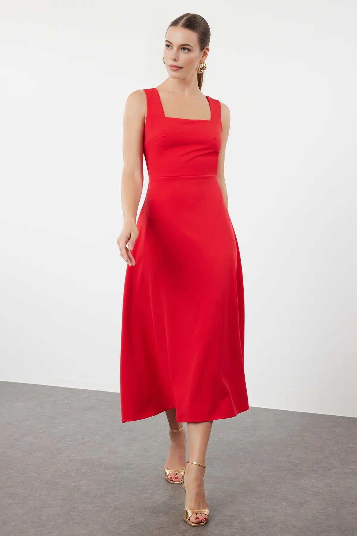 Square Neck Thick Strap A-Line Midi Dress