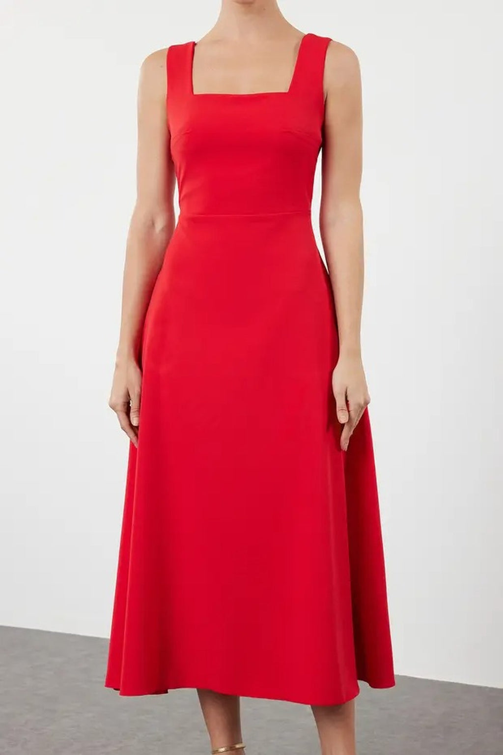 Square Neck Thick Strap A-Line Midi Dress