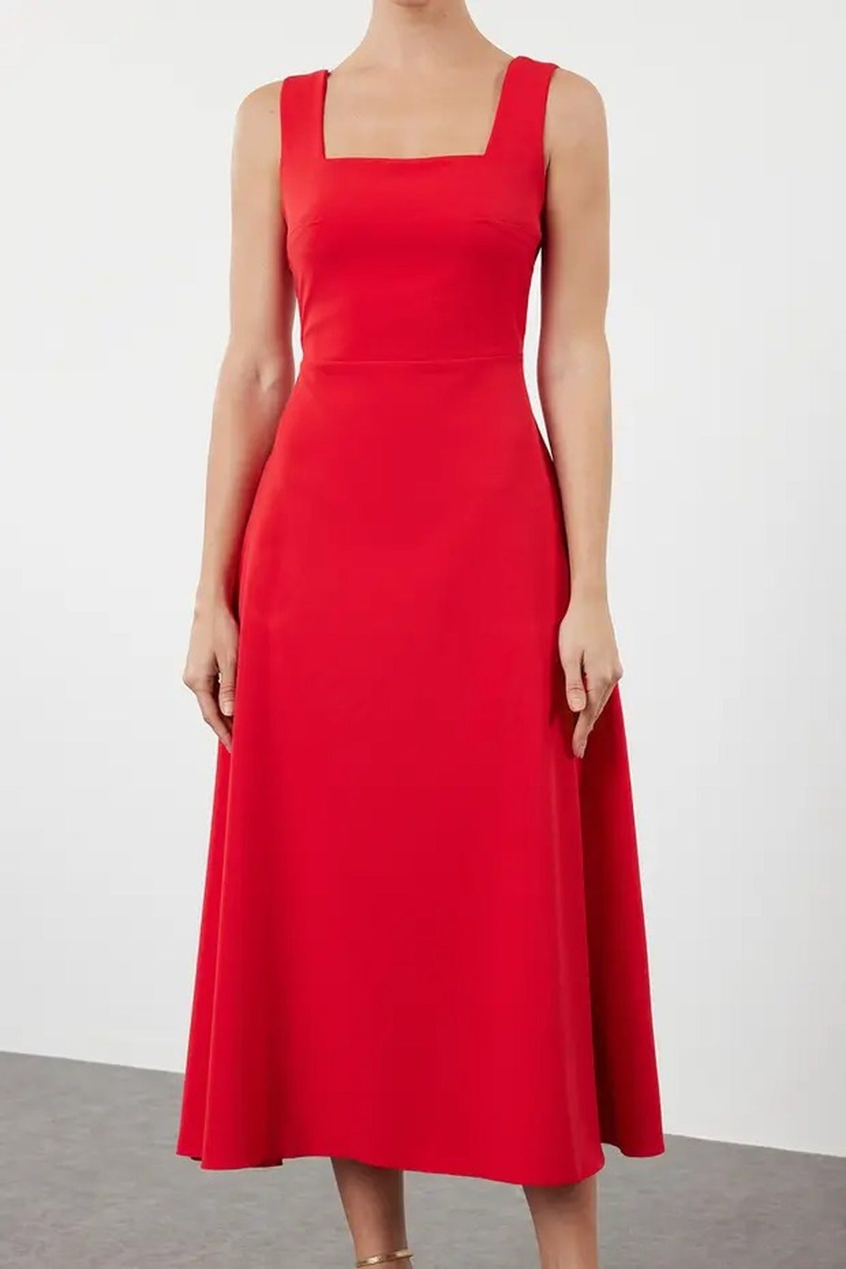 Square Neck Thick Strap A-Line Midi Dress