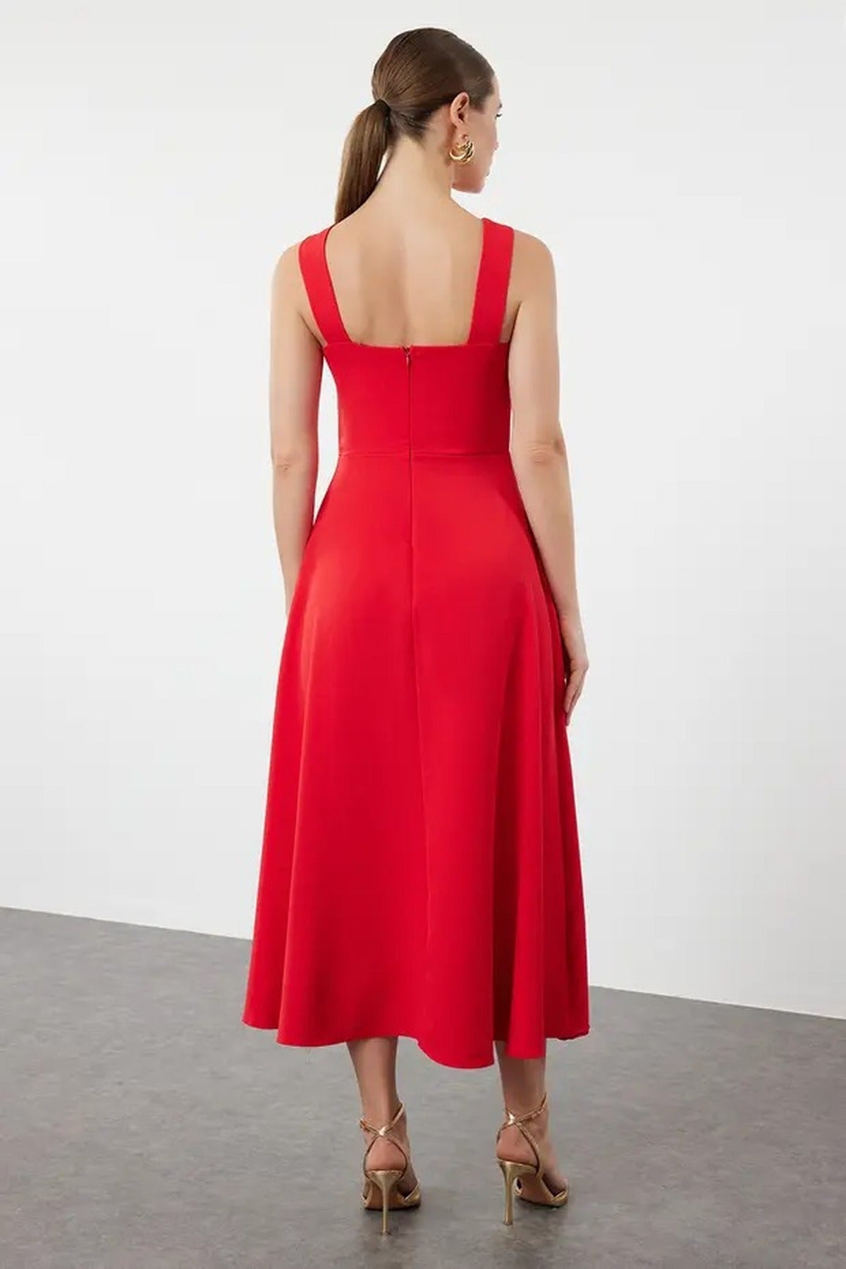 Square Neck Thick Strap A-Line Midi Dress
