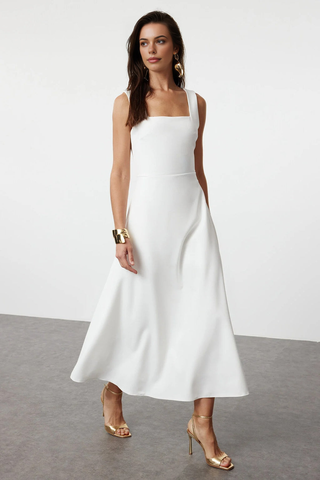 Square Neck Thick Strap A-Line Midi Dress