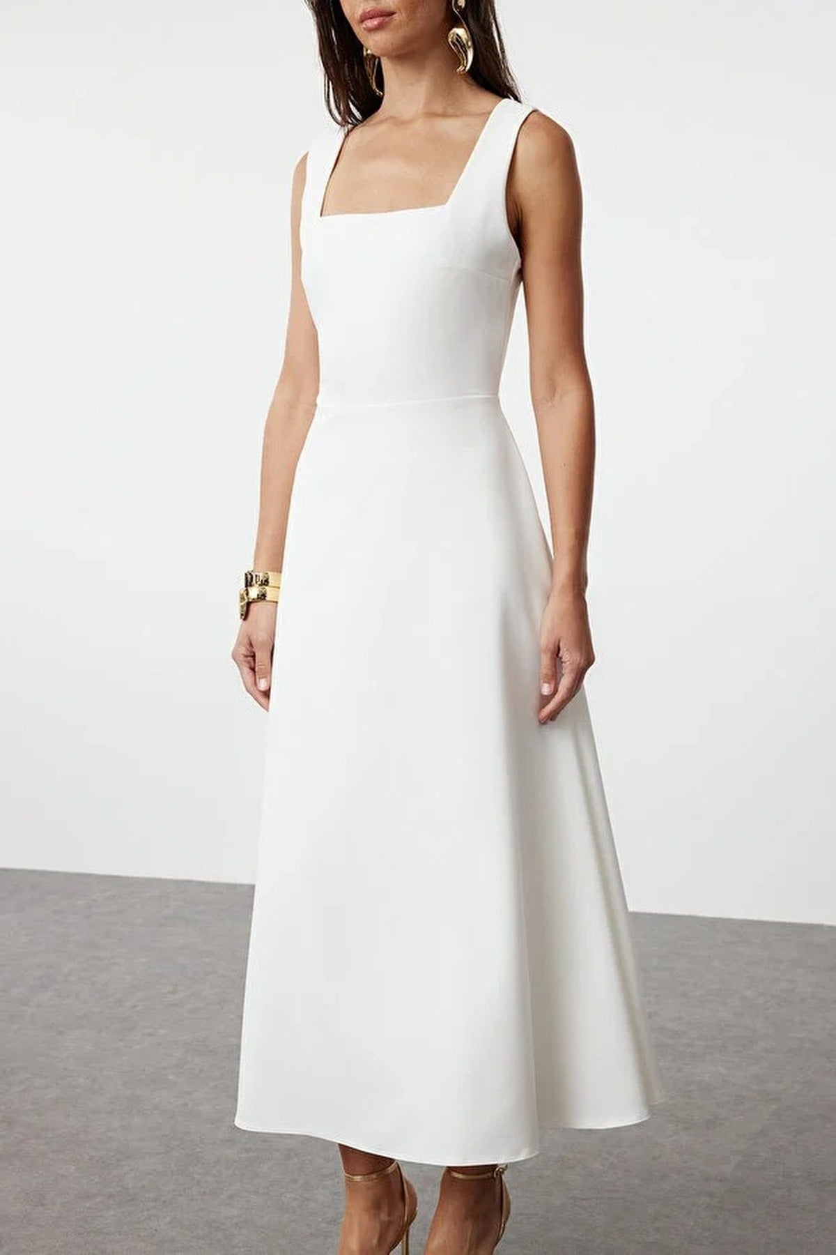 Square Neck Thick Strap A-Line Midi Dress