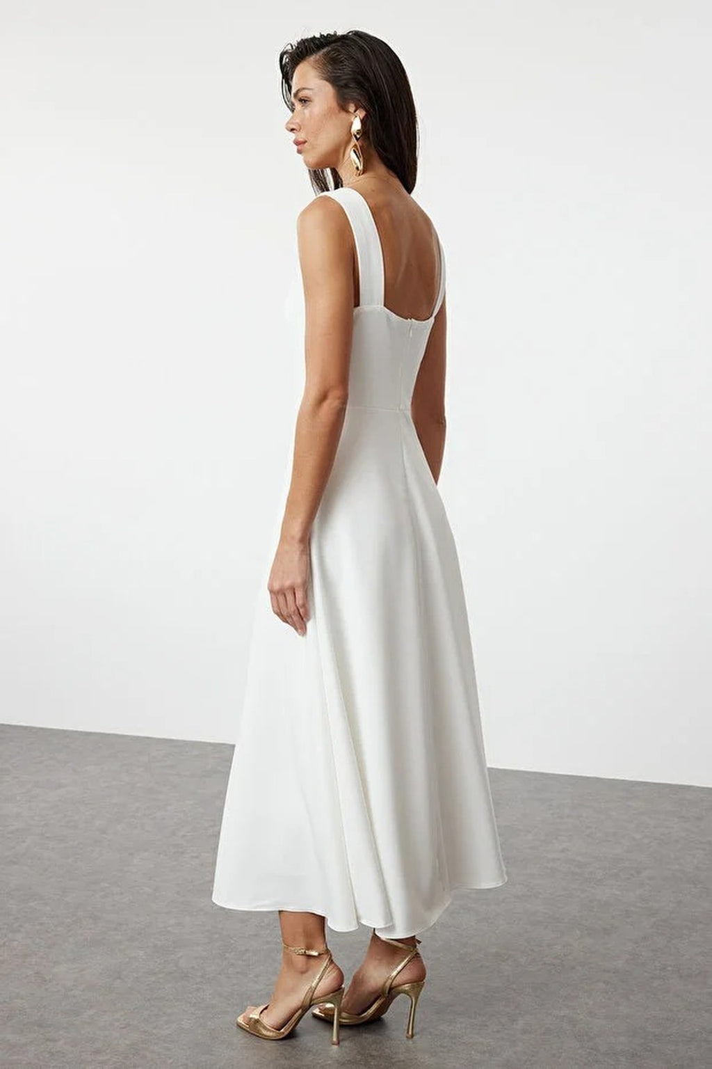 Square Neck Thick Strap A-Line Midi Dress