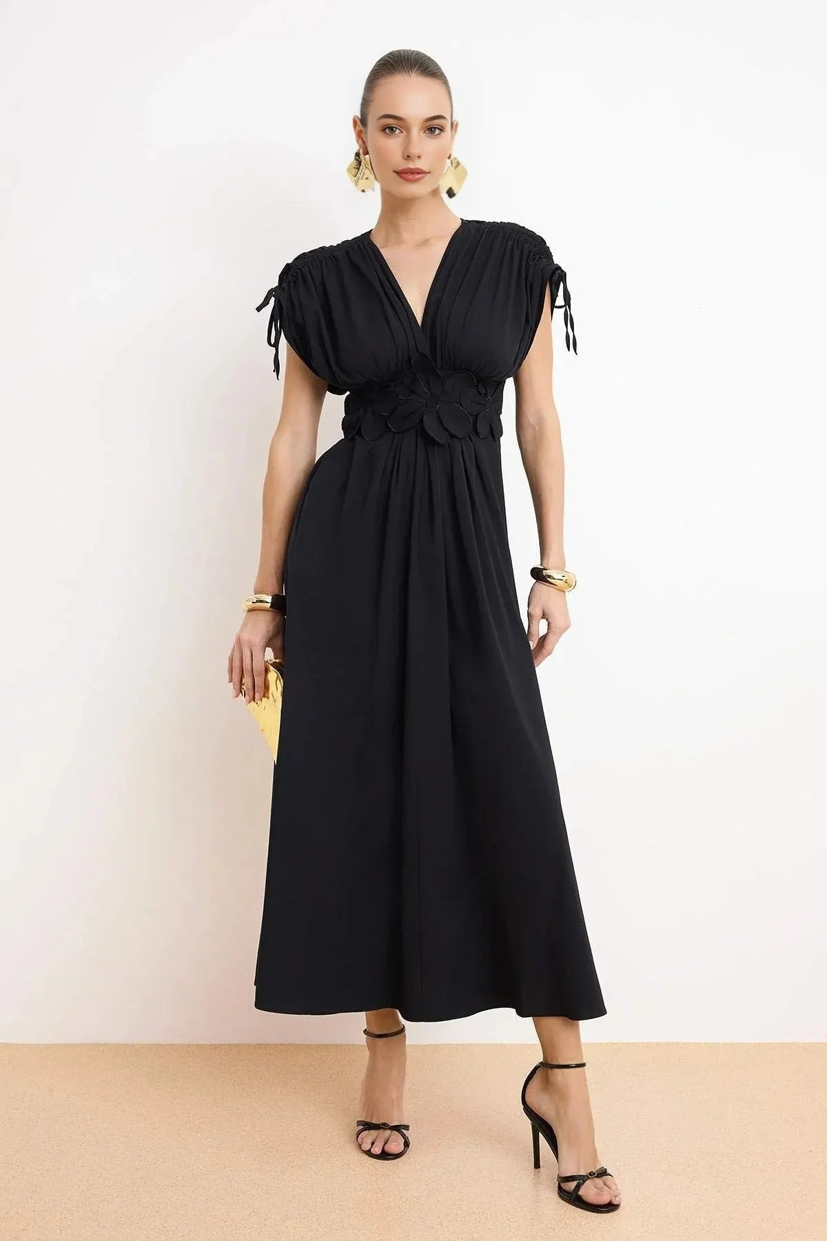 Floral Applique Detail V-Neck Gathered Maxi Woven Dress