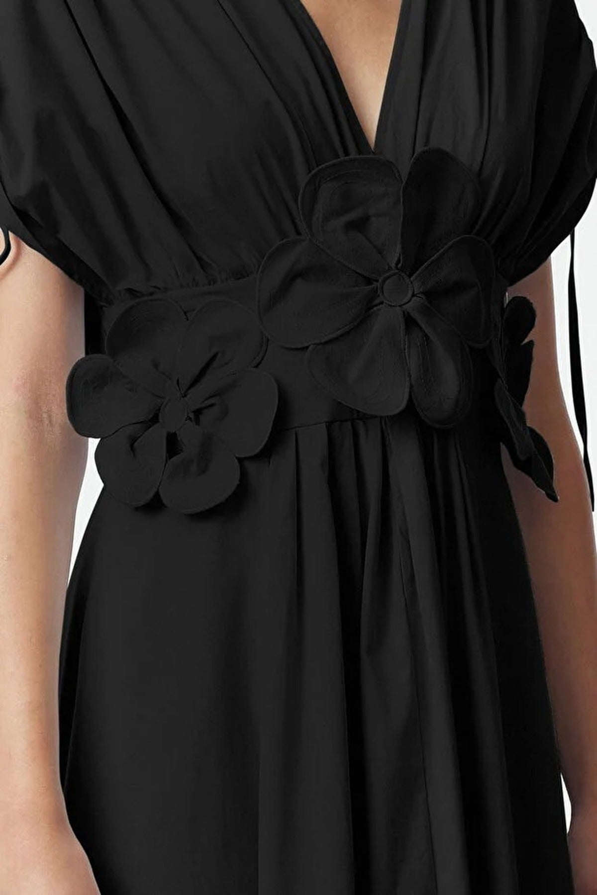 Floral Applique Detail V-Neck Gathered Maxi Woven Dress