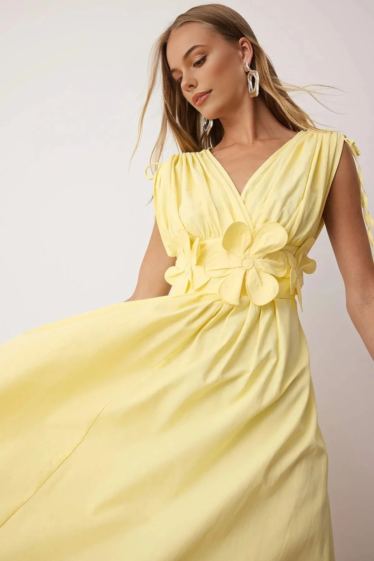 Floral Applique Detail V-Neck Gathered Maxi Woven Dress
