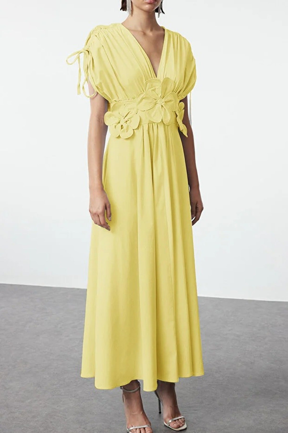 Floral Applique Detail V-Neck Gathered Maxi Woven Dress