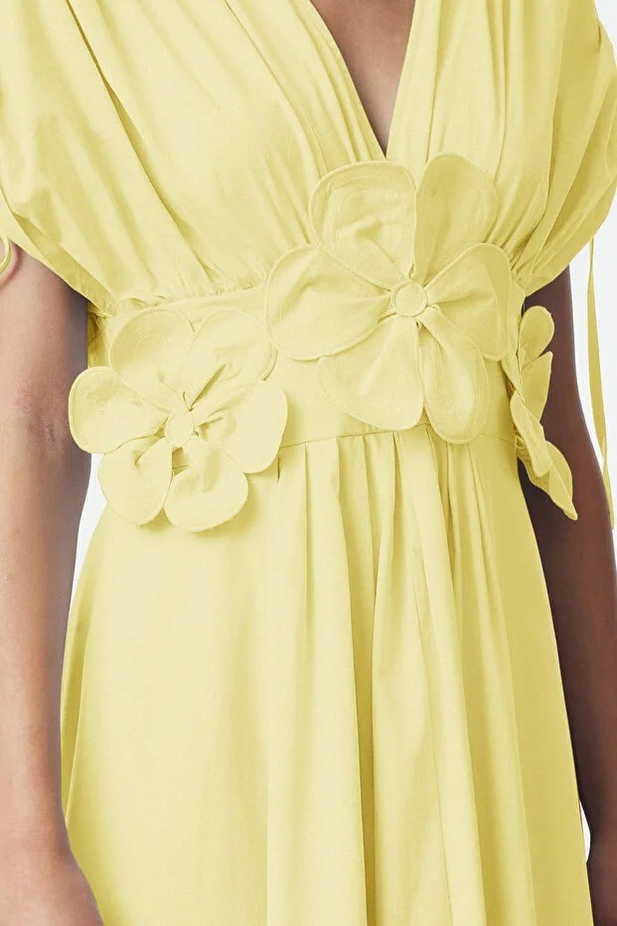 Floral Applique Detail V-Neck Gathered Maxi Woven Dress