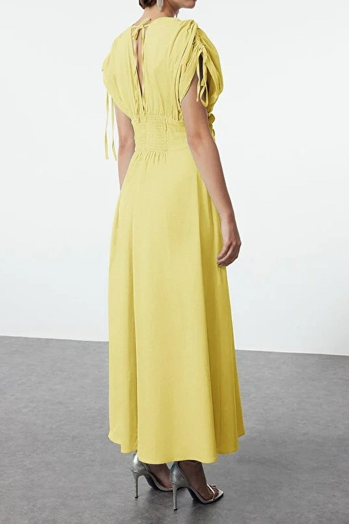 Floral Applique Detail V-Neck Gathered Maxi Woven Dress
