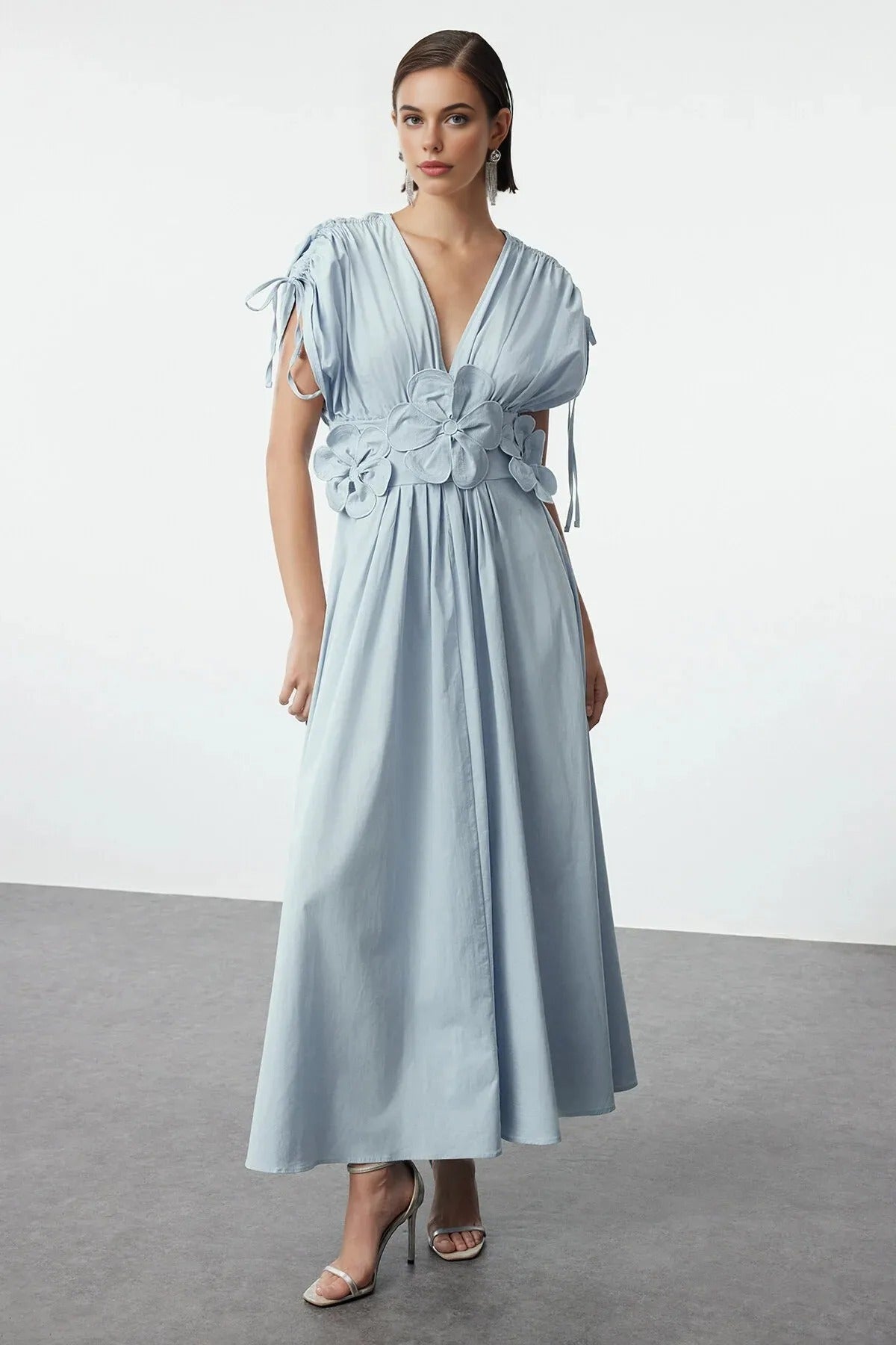 Floral Applique Detail V-Neck Gathered Maxi Woven Dress